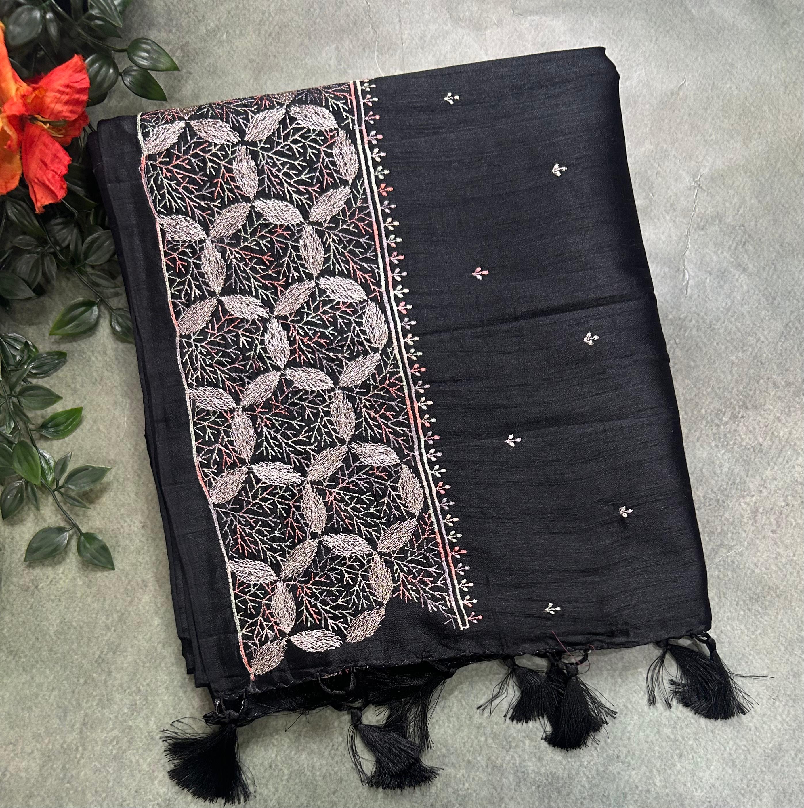 Black embroidery border semi Tussar 105 saree