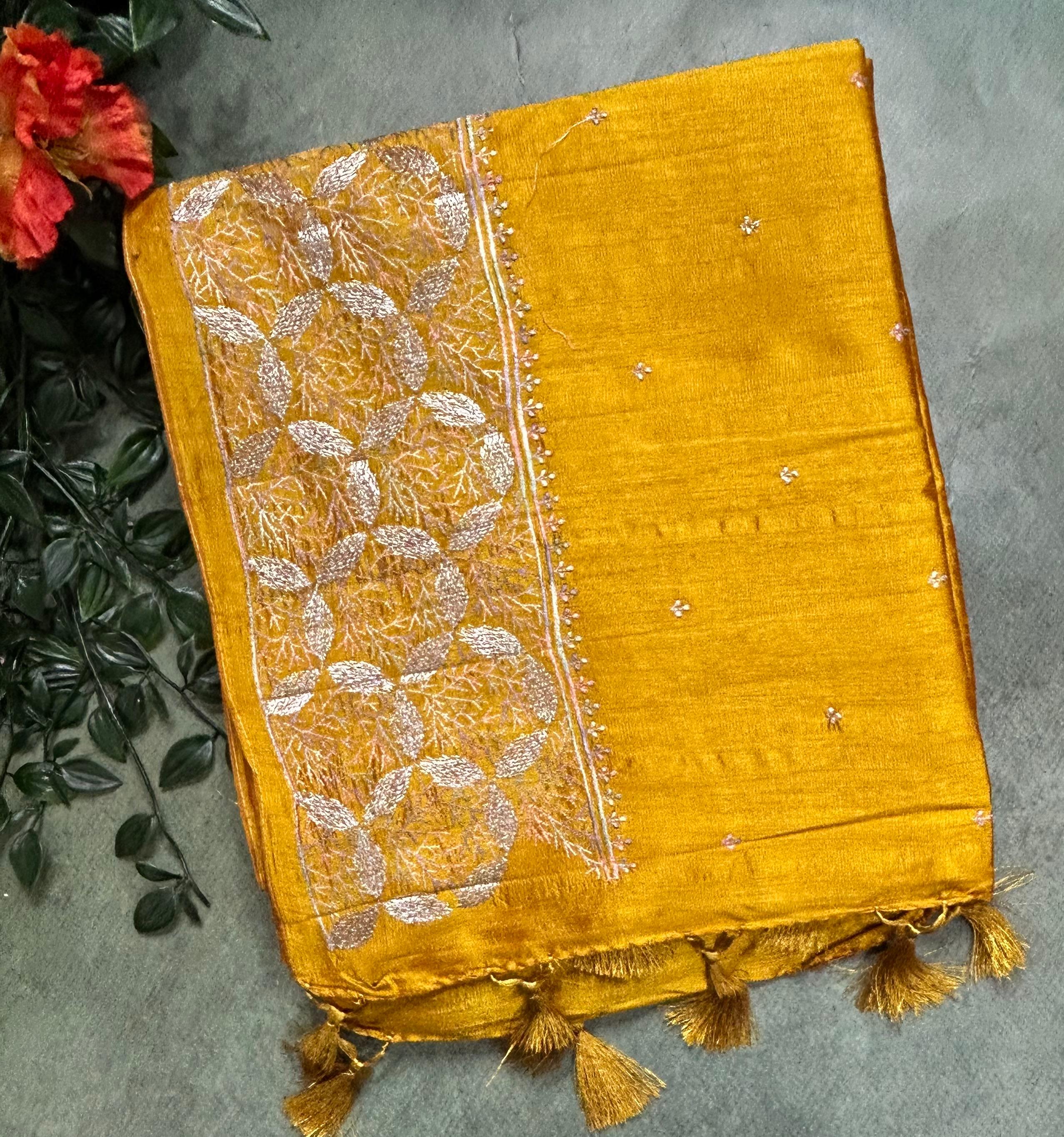 Yellow embroidery border semi Tussar 105 saree