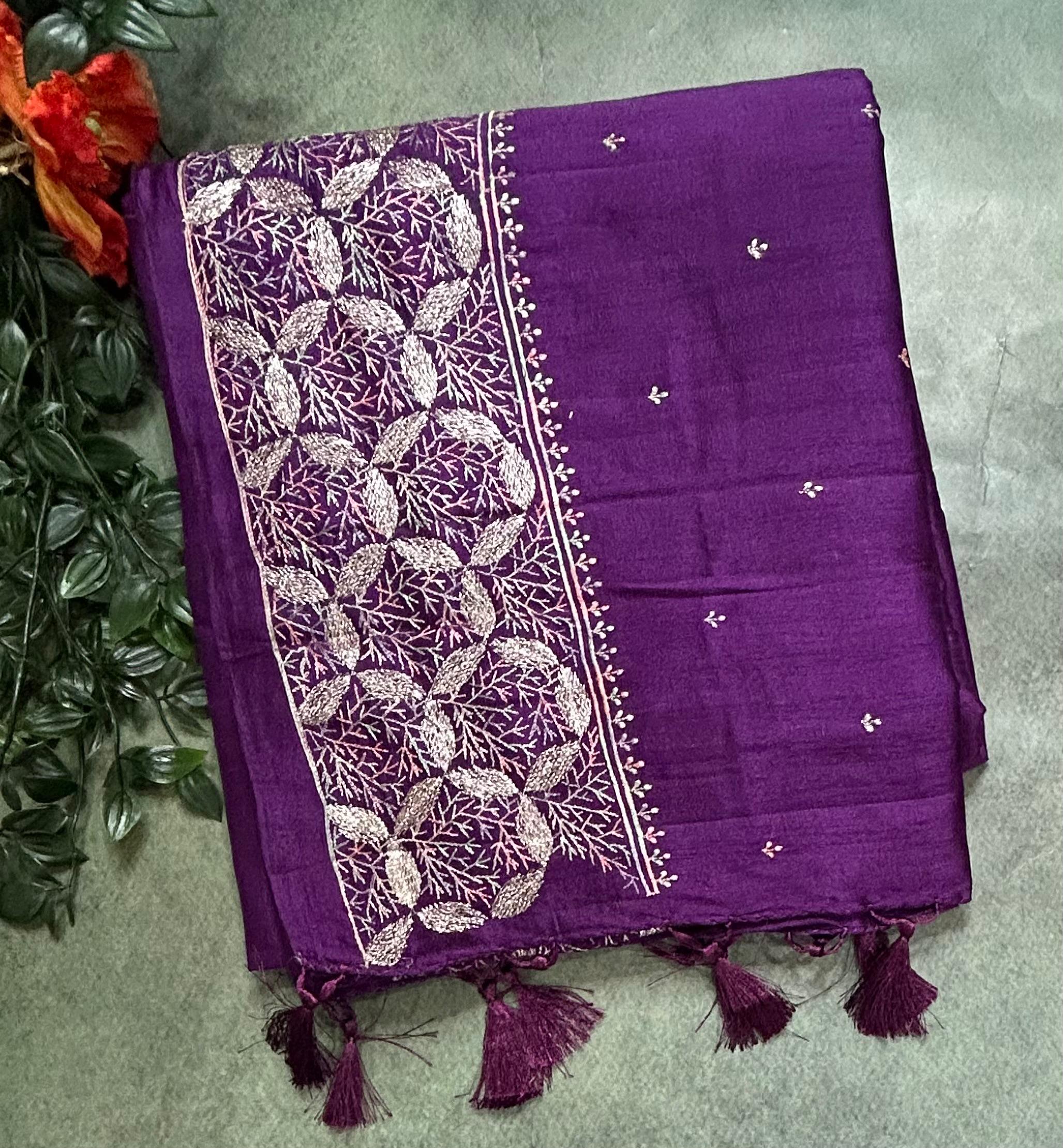 Purple embroidery border semi Tussar 105 saree