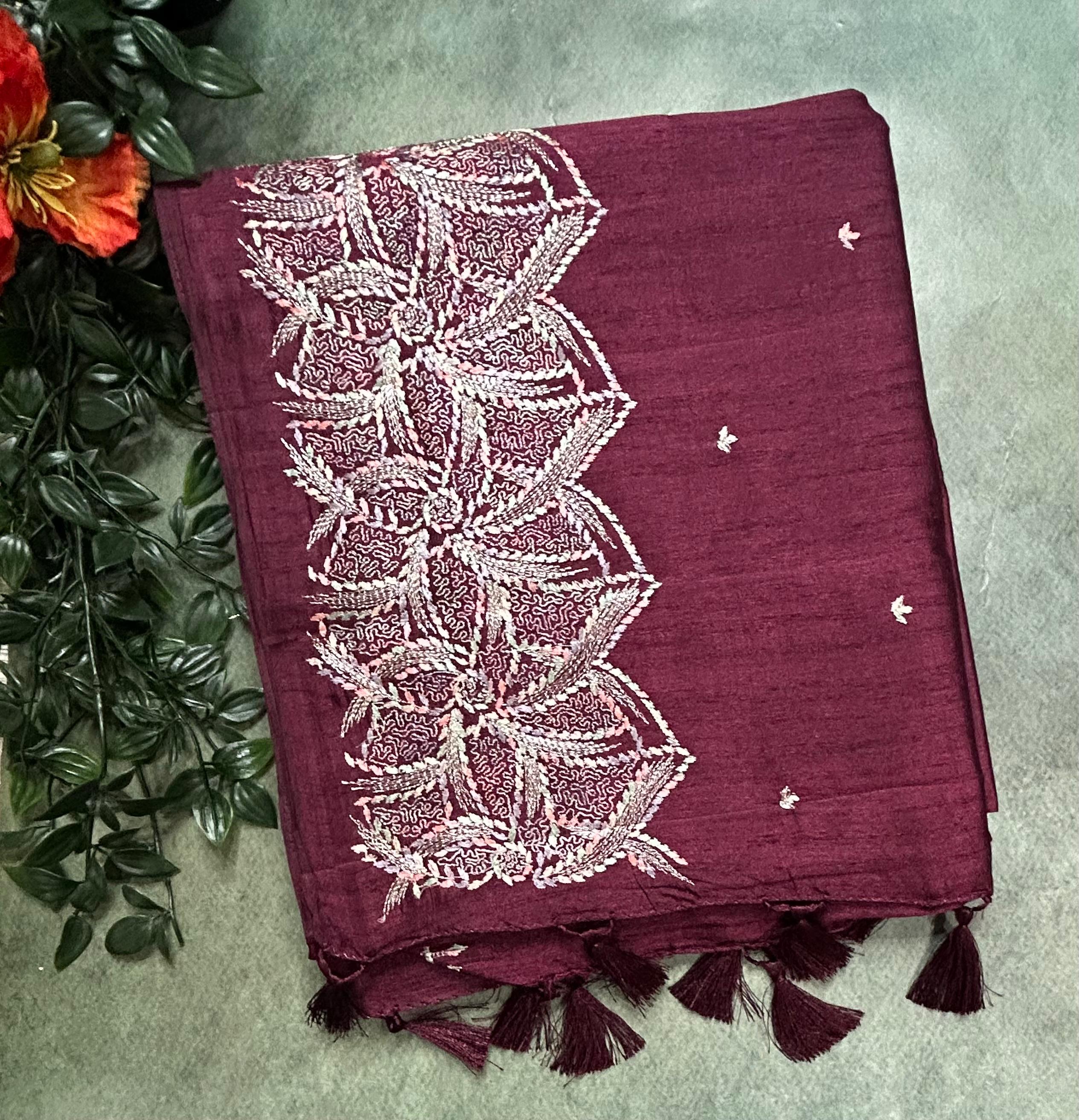Maroon embroidery border semi Tussar 105 saree