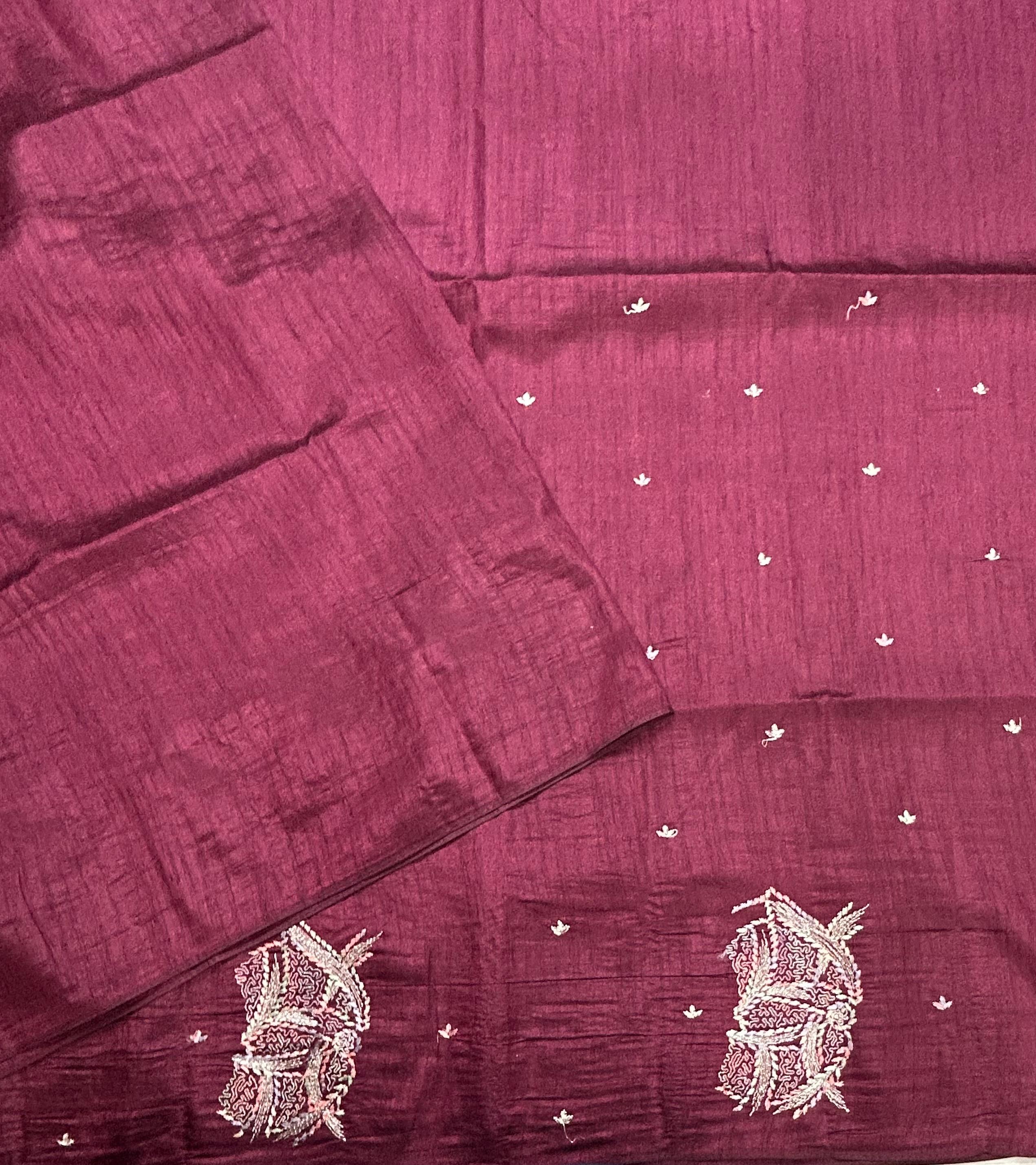 Maroon embroidery border semi Tussar 105 saree