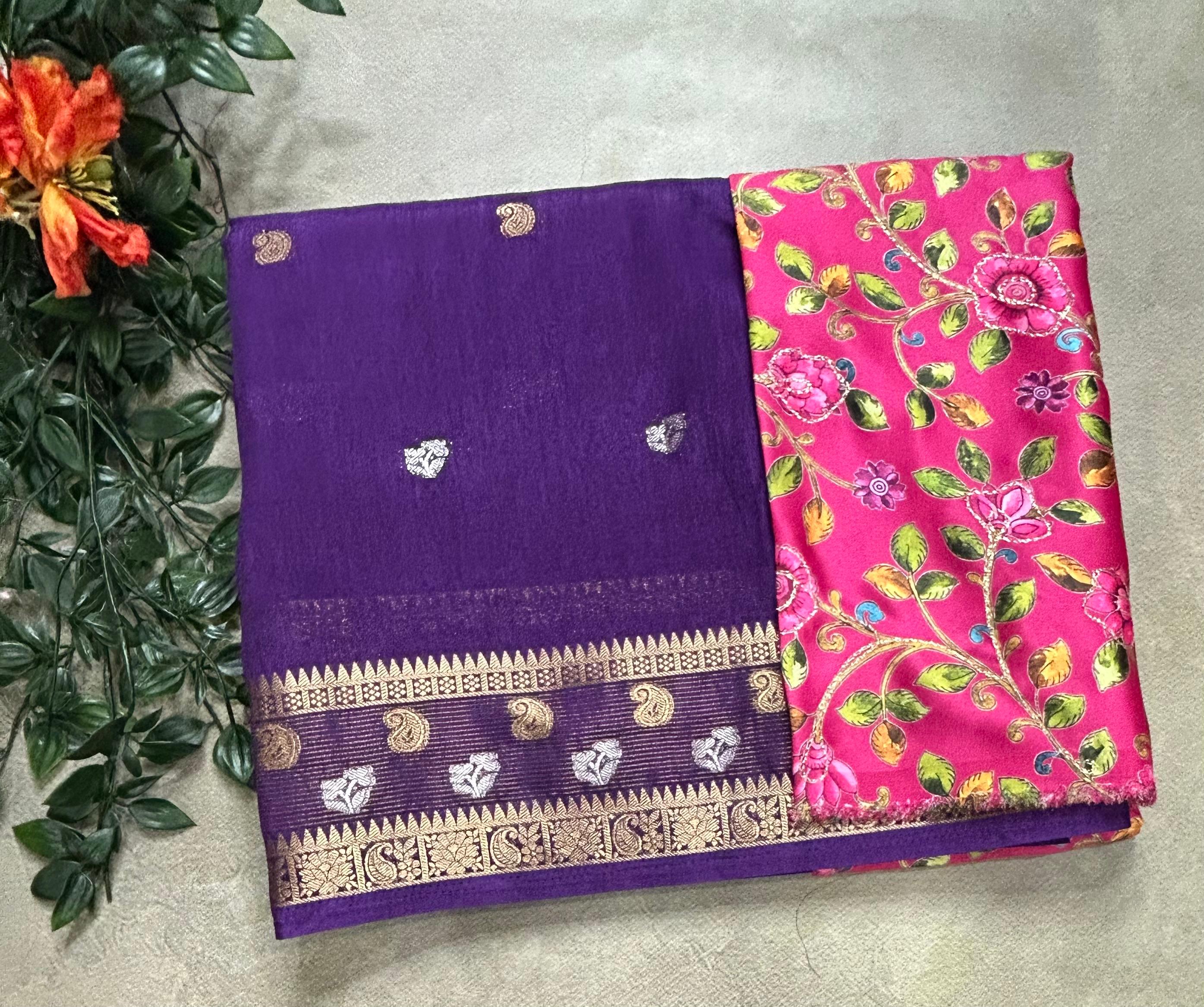 Purple with kalamkari blouse soft tussar crepe 105 saree