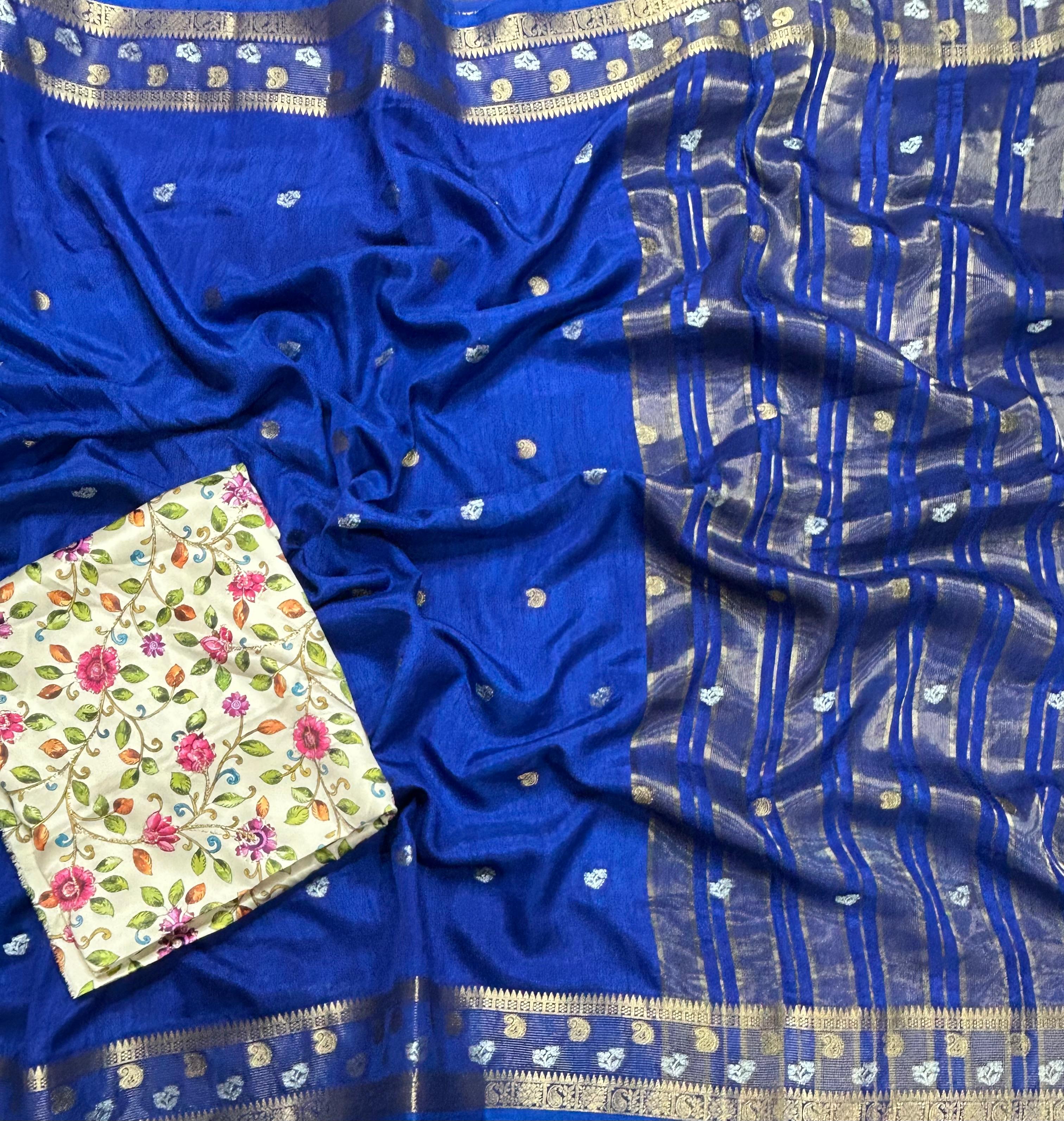 Royal blue with kalamkari blouse soft tussar crepe 105 saree