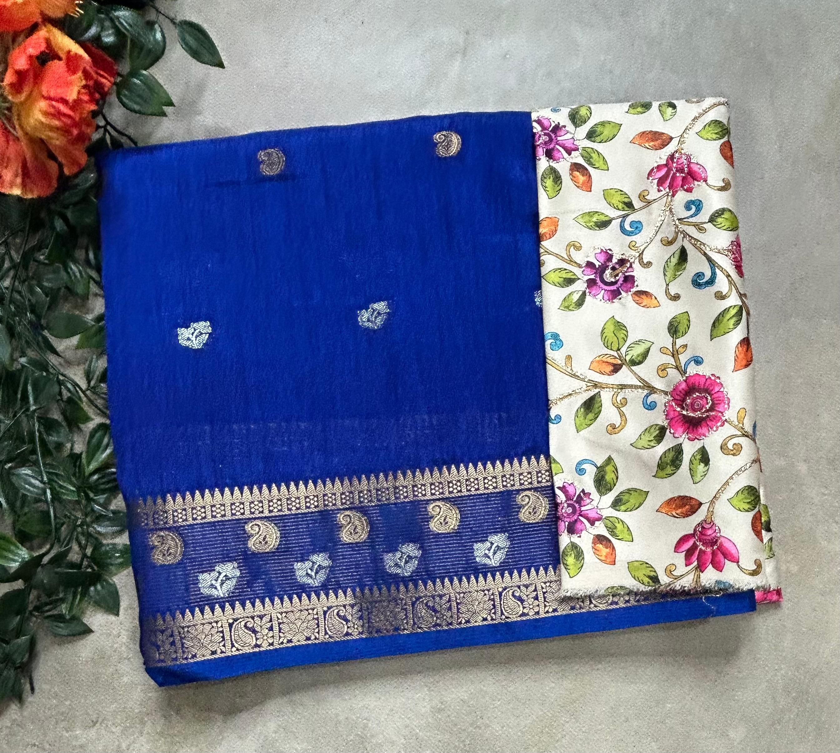Royal blue with kalamkari blouse soft tussar crepe 105 saree