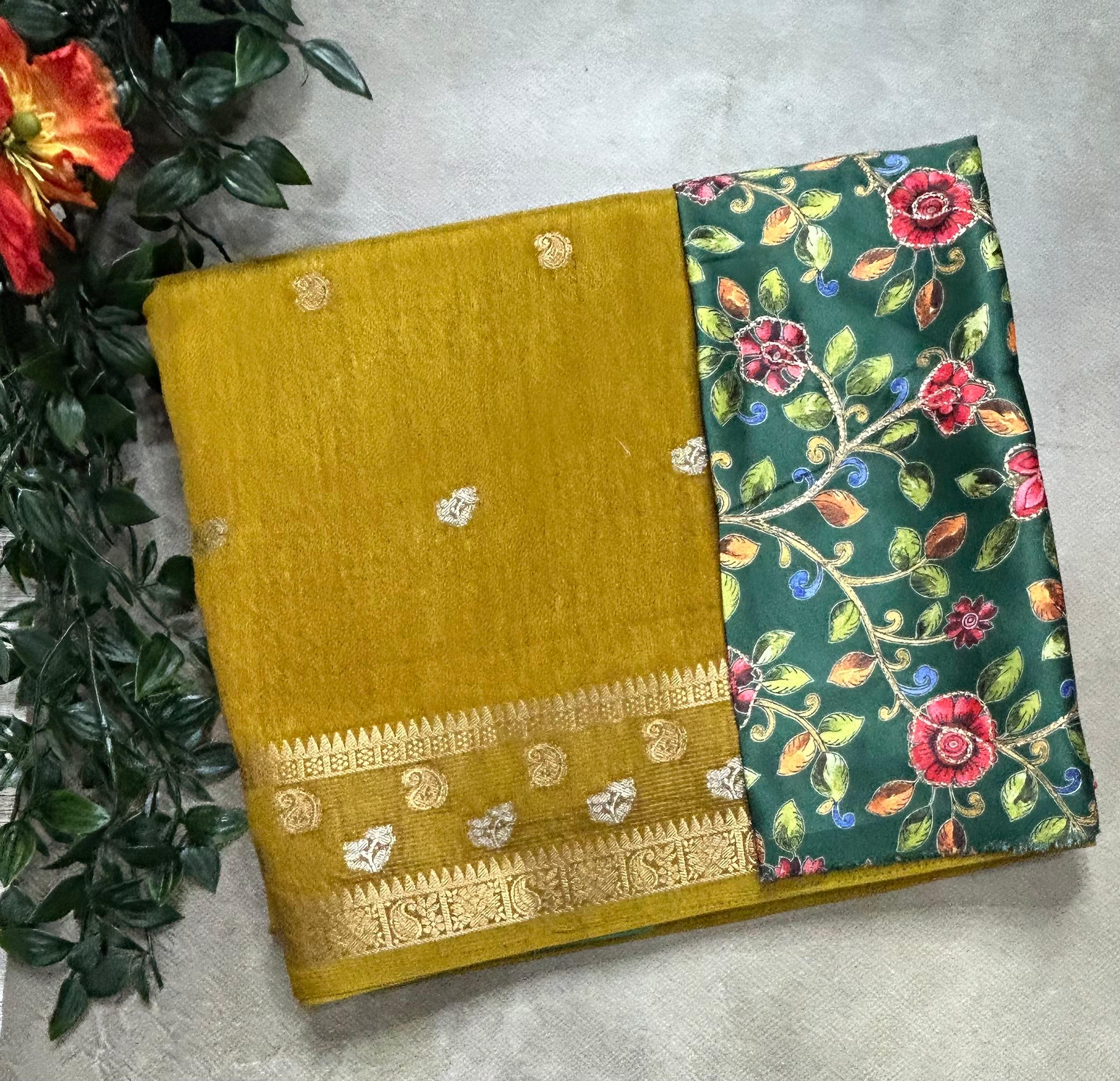 Yellow with kalamkari blouse soft tussar crepe 105 saree