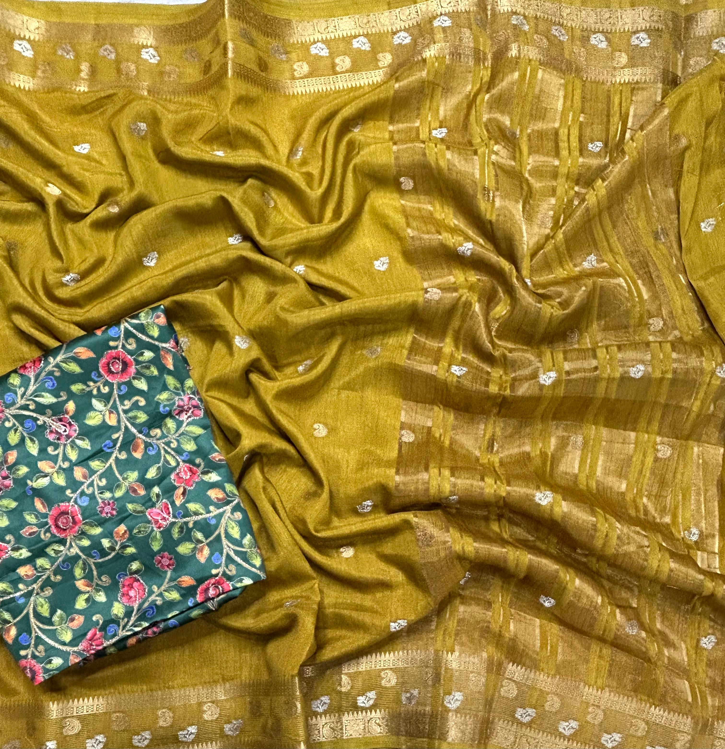 Yellow with kalamkari blouse soft tussar crepe 105 saree