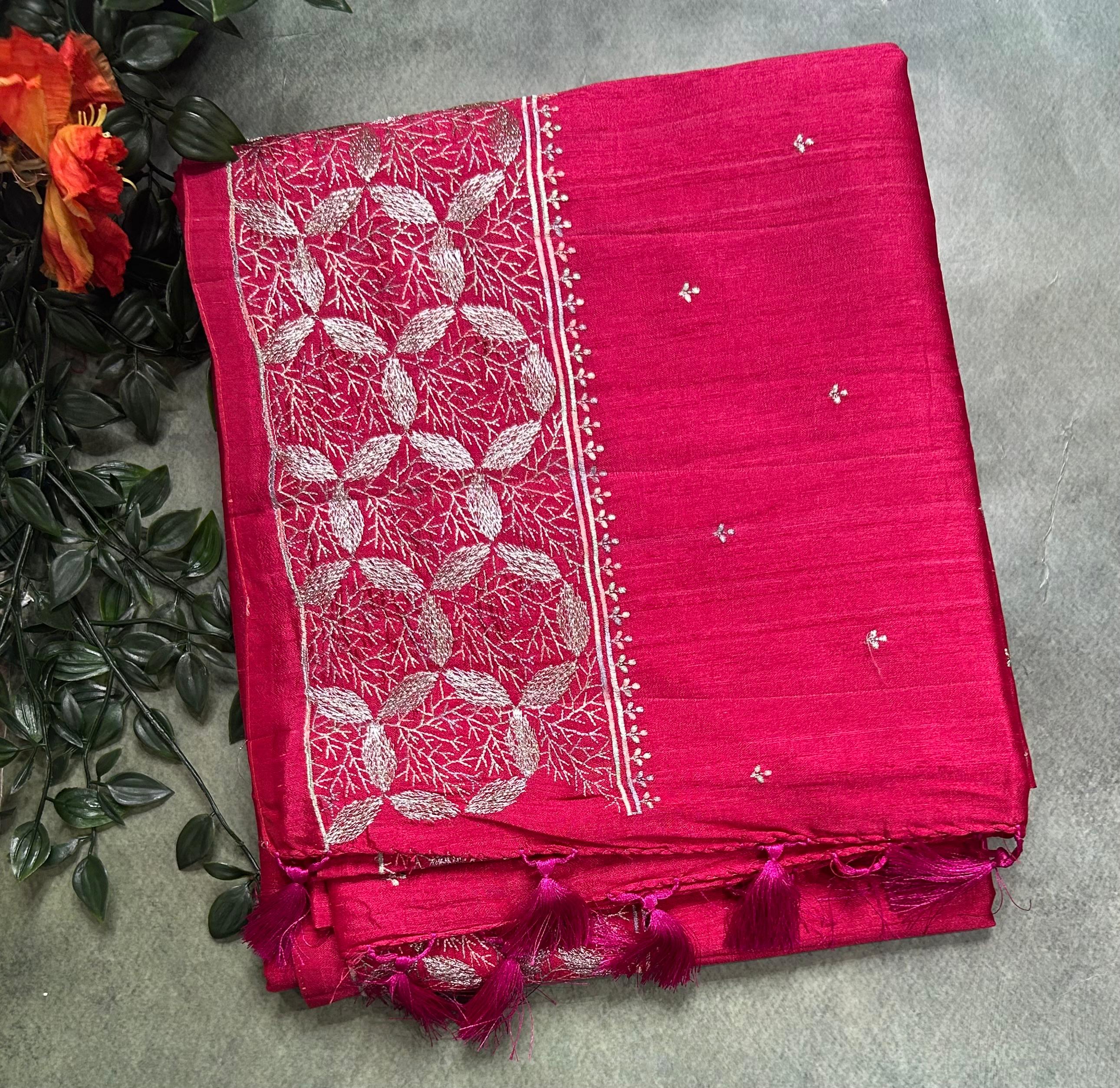 Rani pink embroidery border semi Tussar 105 saree