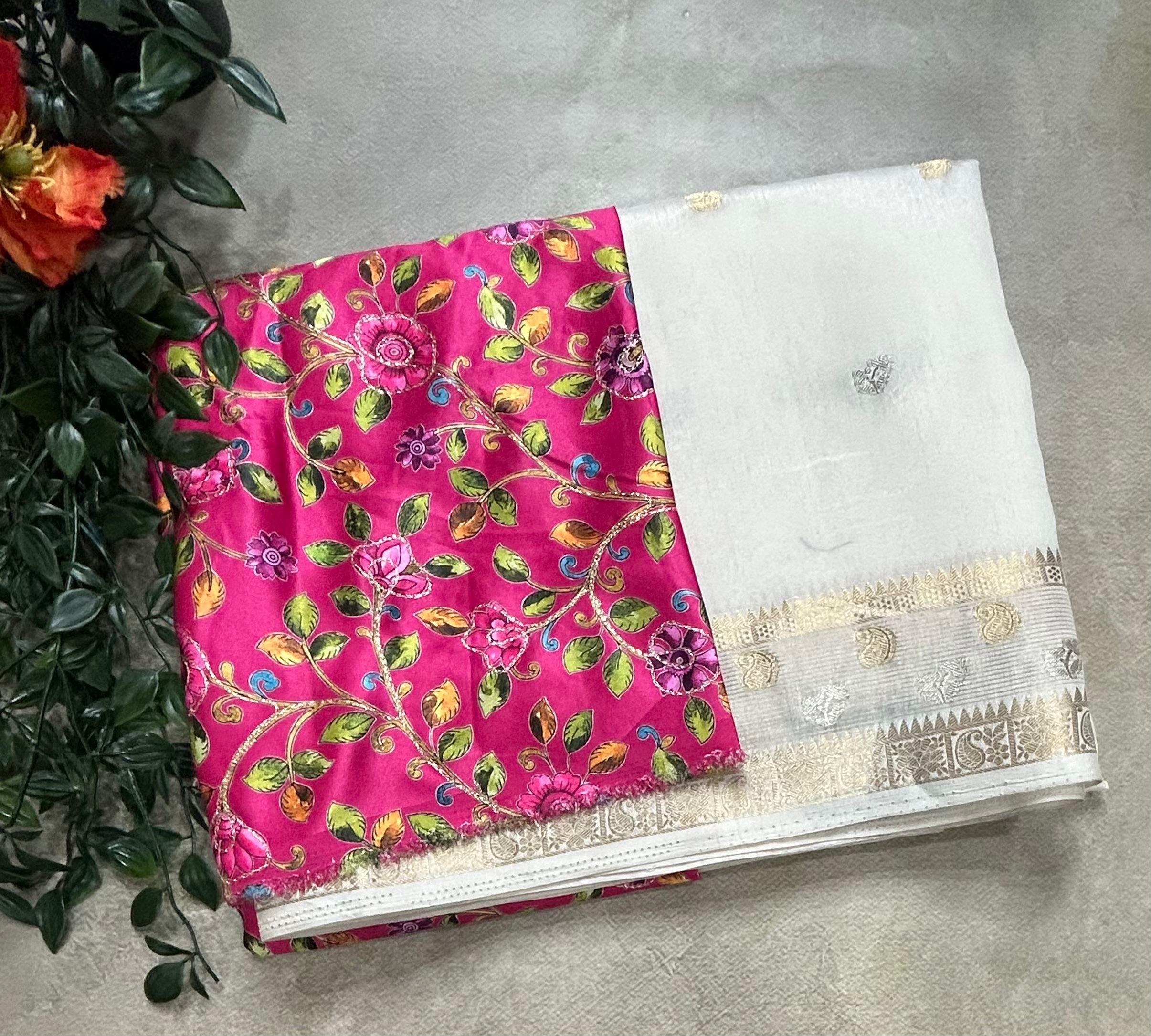 White with kalamkari blouse soft tussar crepe 105 saree