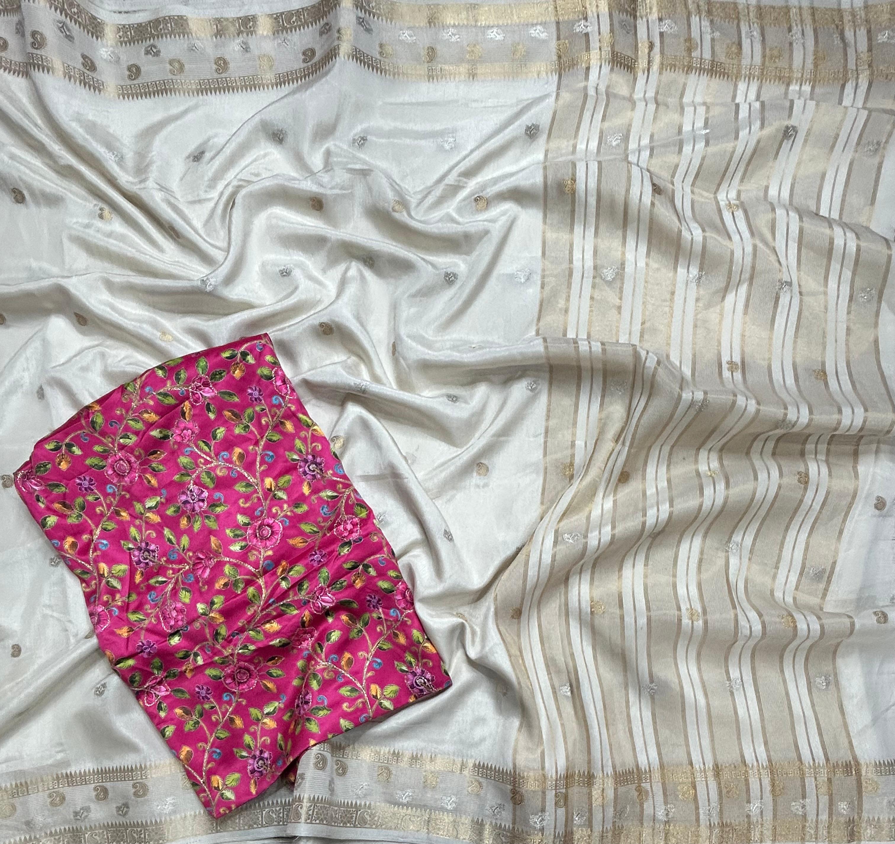 White with kalamkari blouse soft tussar crepe 105 saree