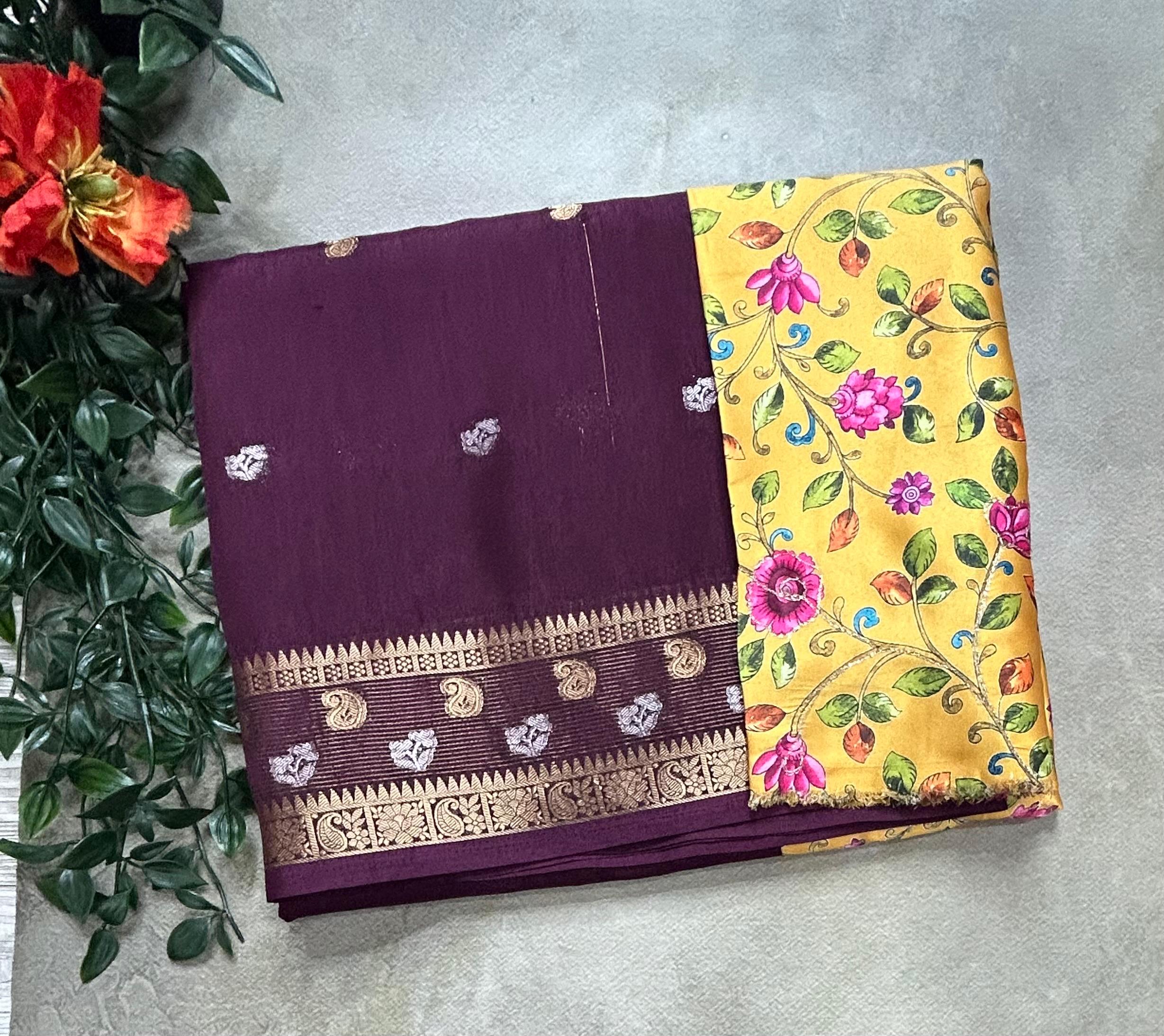 Wine with kalamkari blouse soft tussar crepe 105 saree