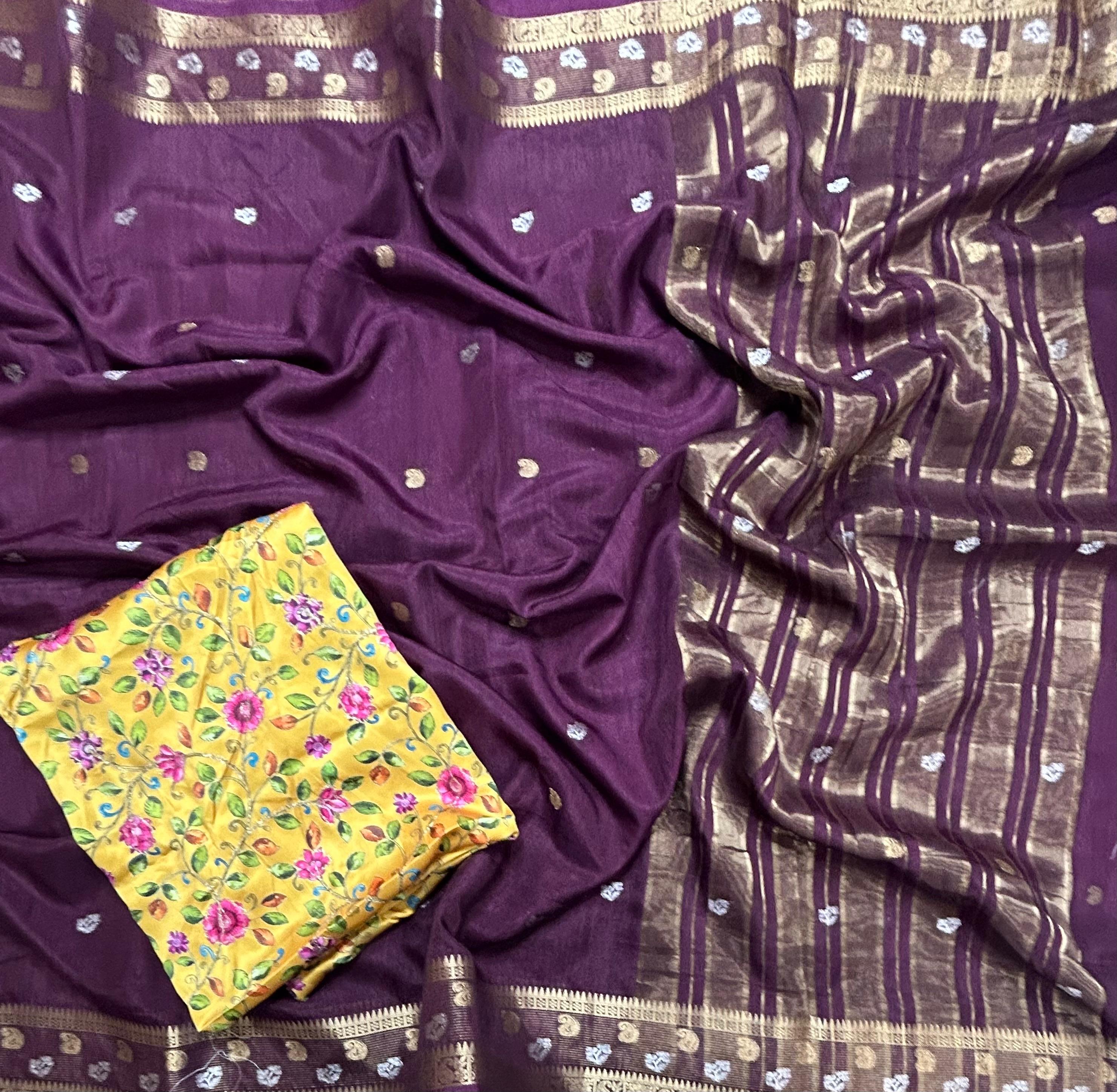 Wine with kalamkari blouse soft tussar crepe 105 saree