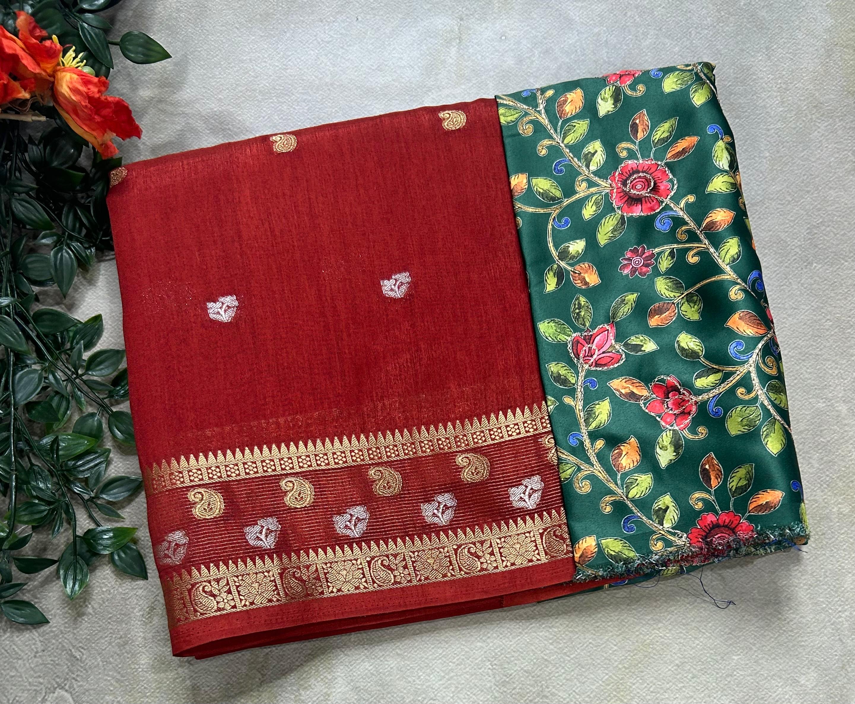 Maroon with kalamkari blouse soft tussar crepe 105 saree