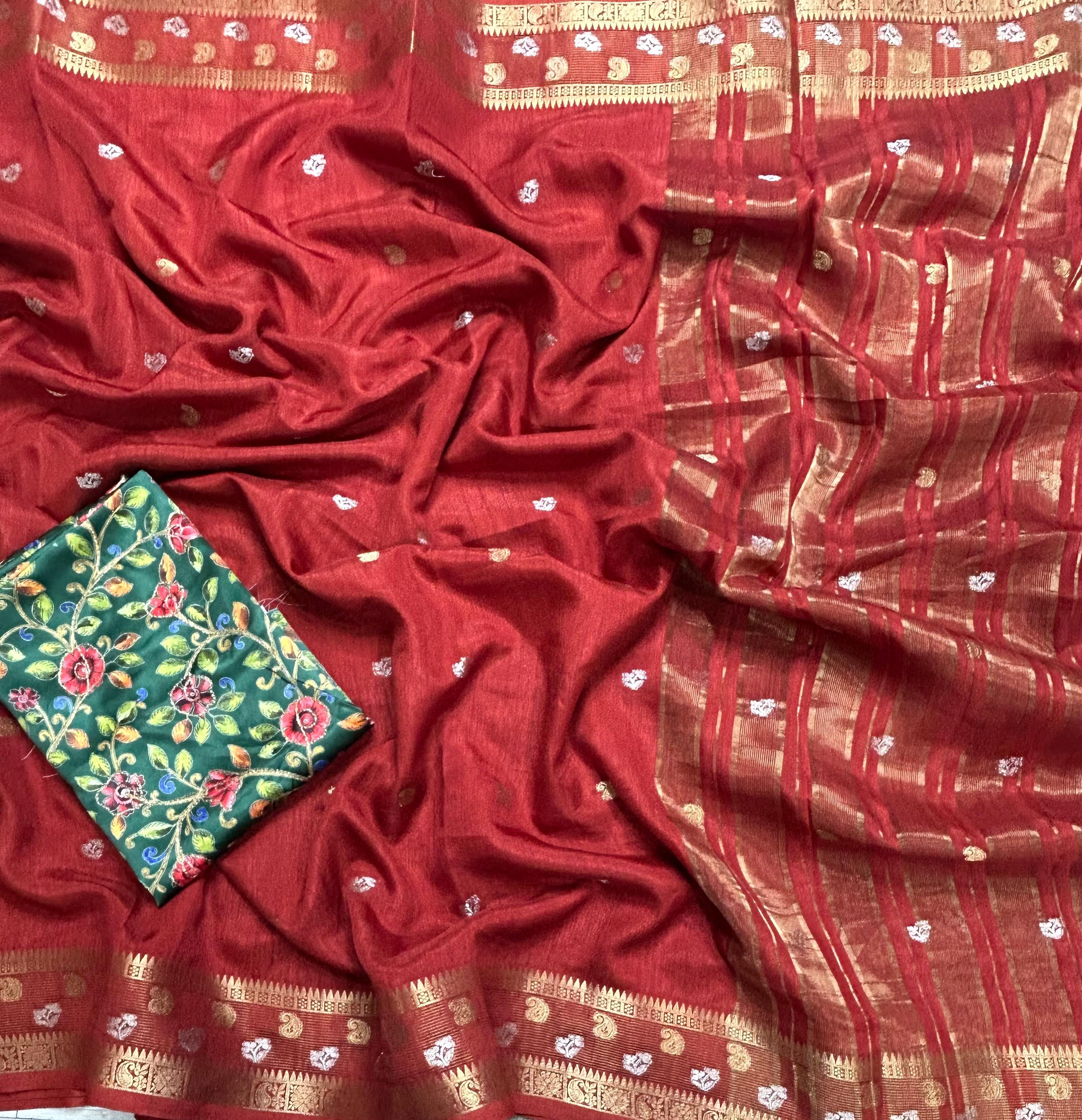 Maroon with kalamkari blouse soft tussar crepe 105 saree
