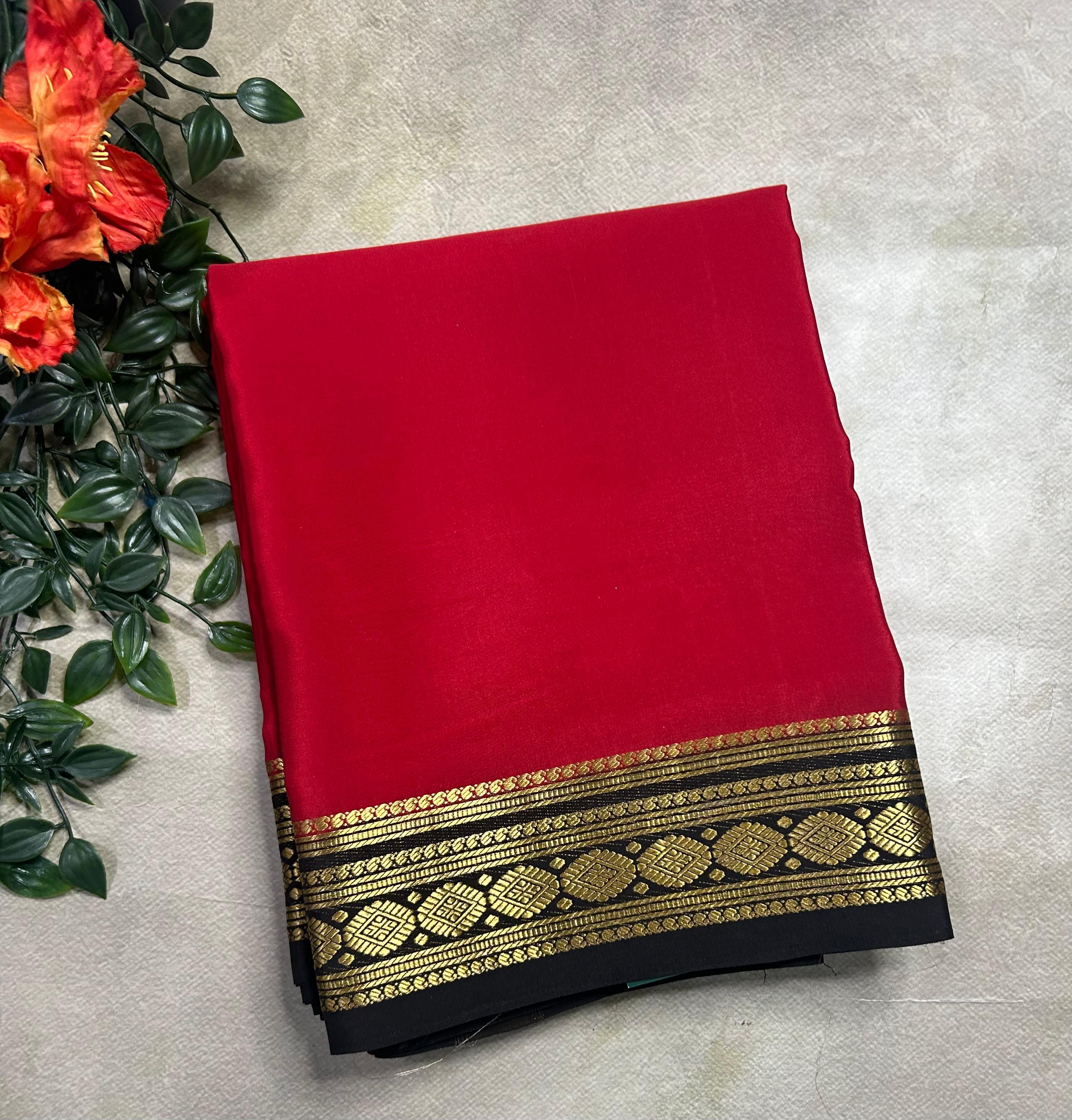 Red n black small border pure mysore silk saree (RMS105) saree
