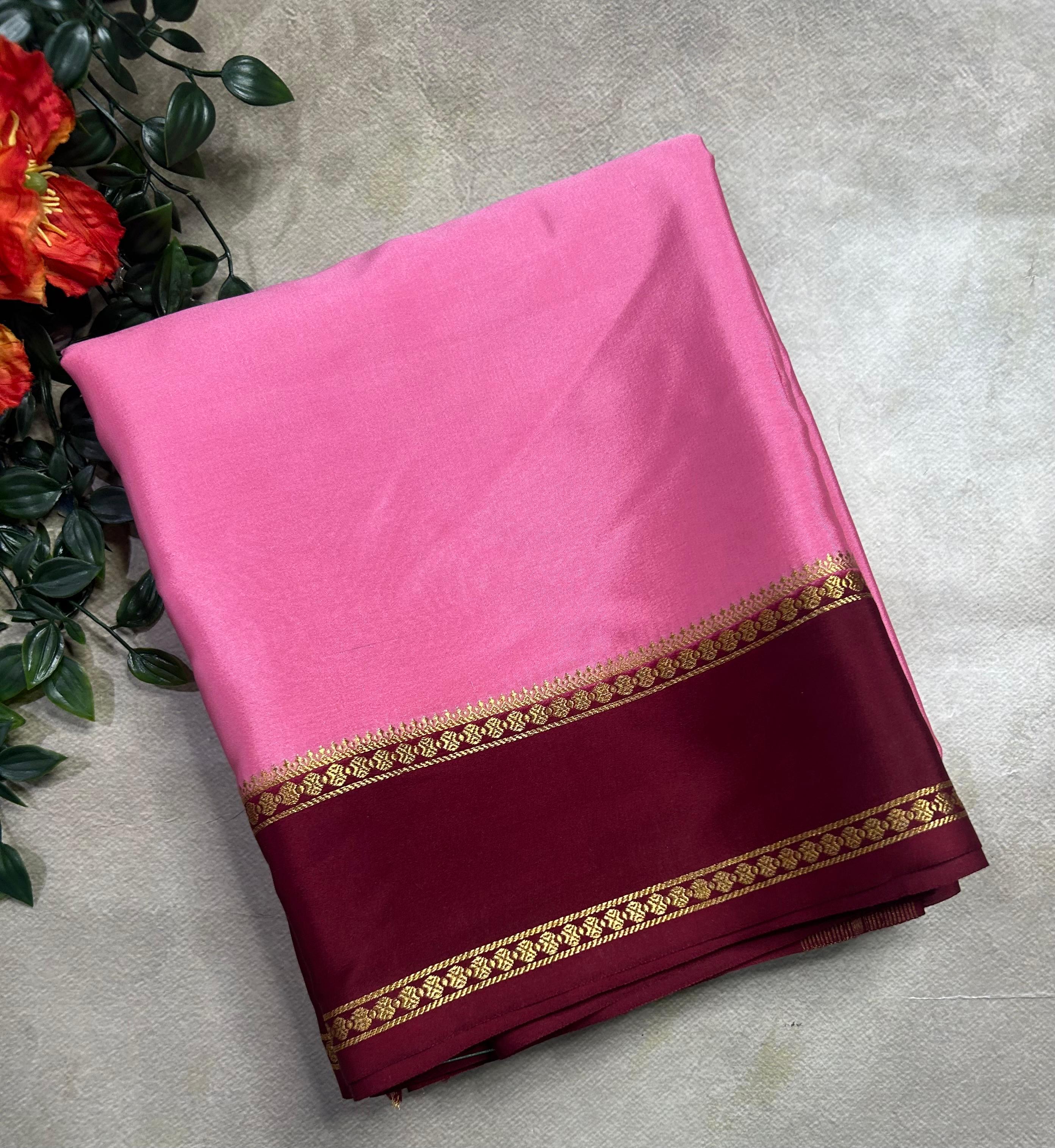 Pastel pink n maroon plain bentex border pure mysore silk 105 saree