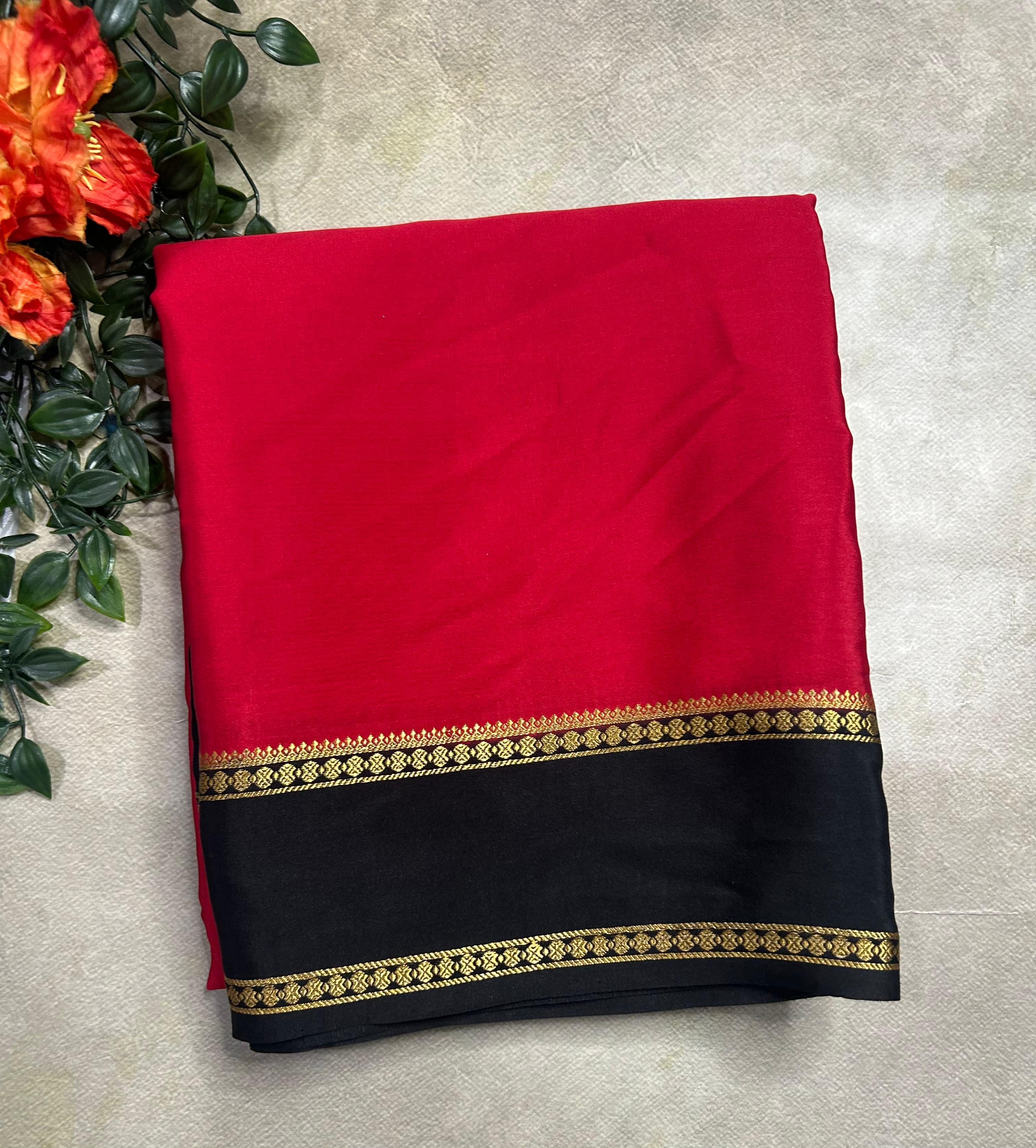 Red n black plain bentex border pure mysore silk 105 saree