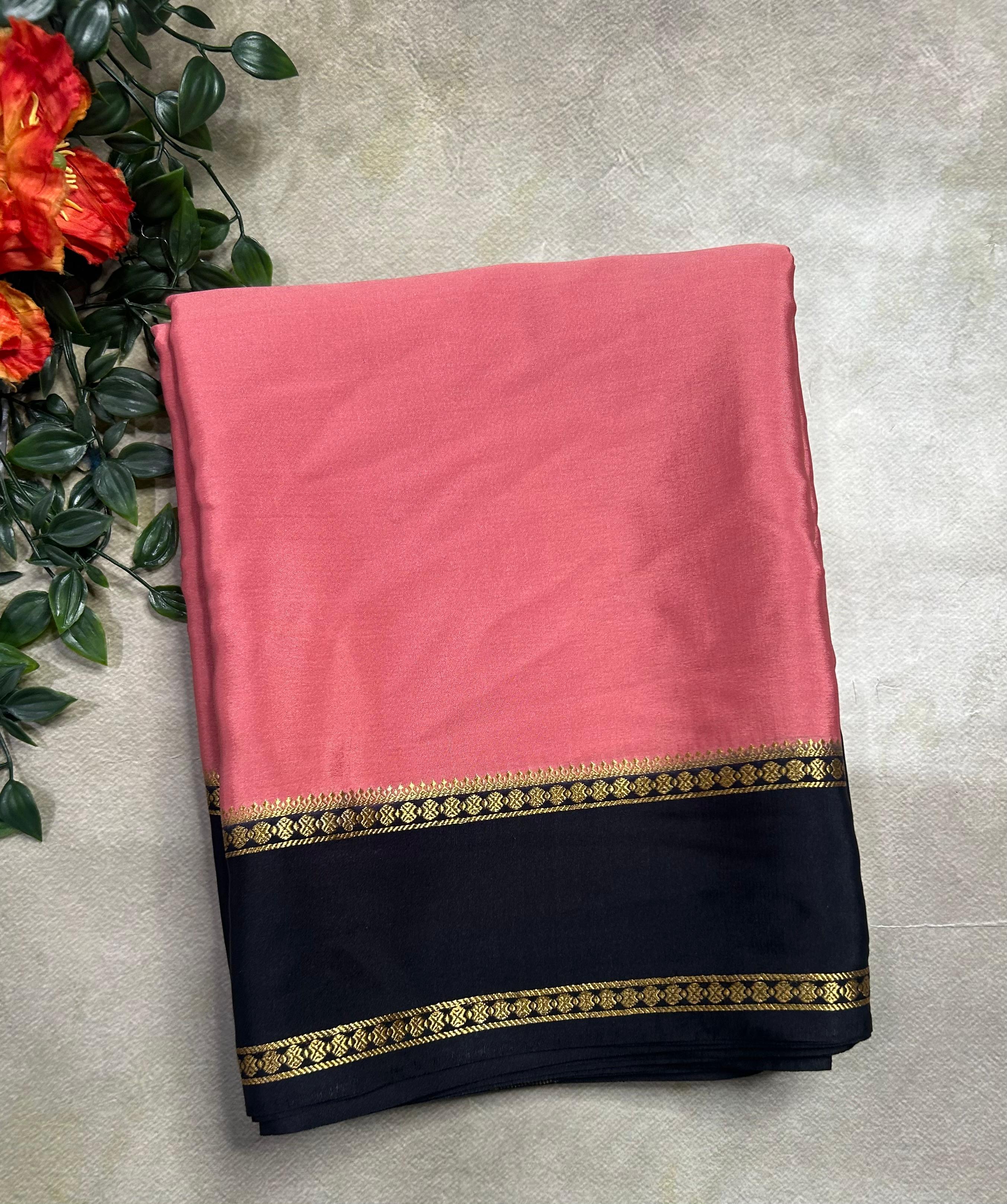 Reddish pink plain bentex border pure mysore silk 105 saree