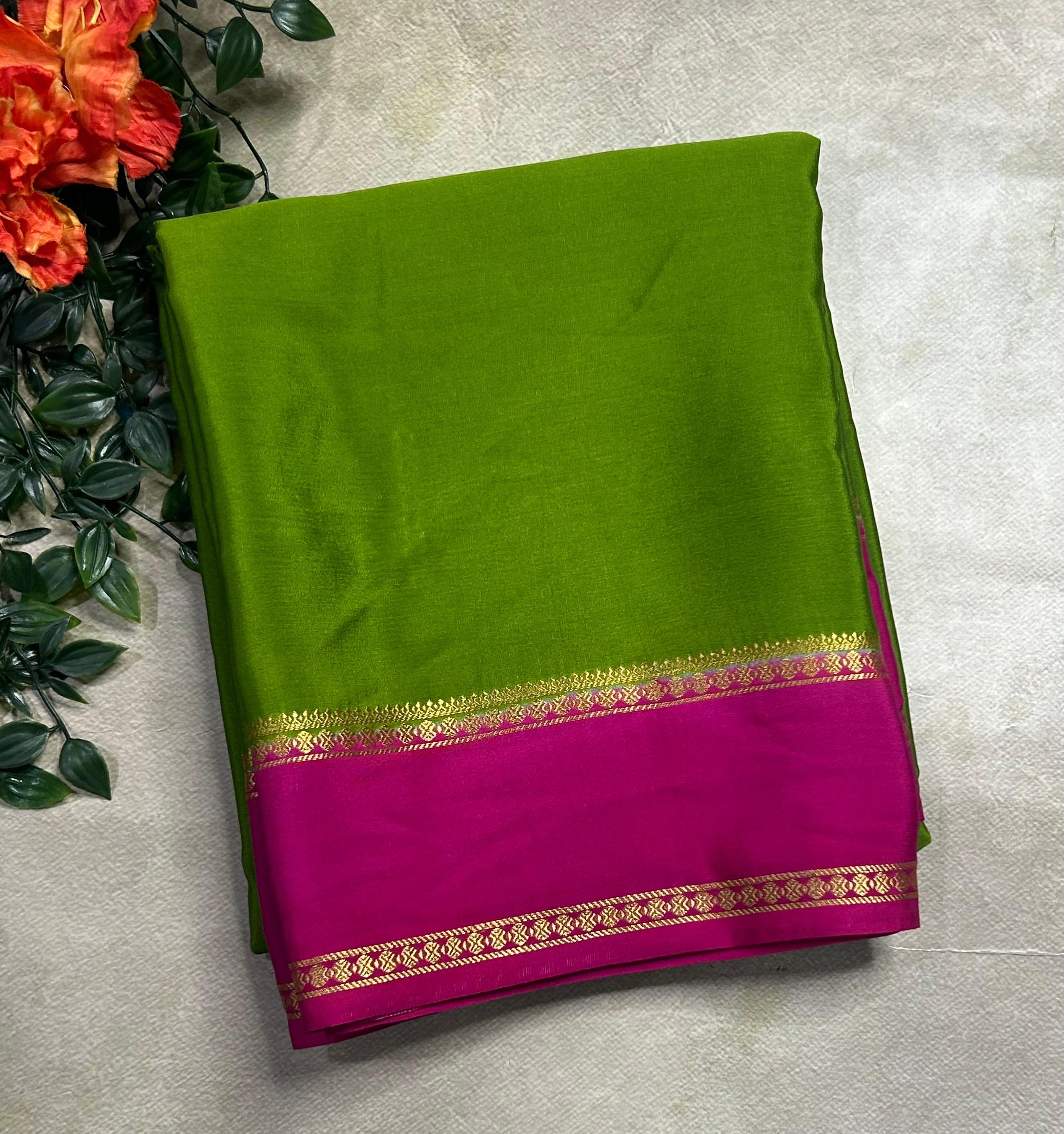 Green n pink plain bentex border pure mysore silk 105 saree