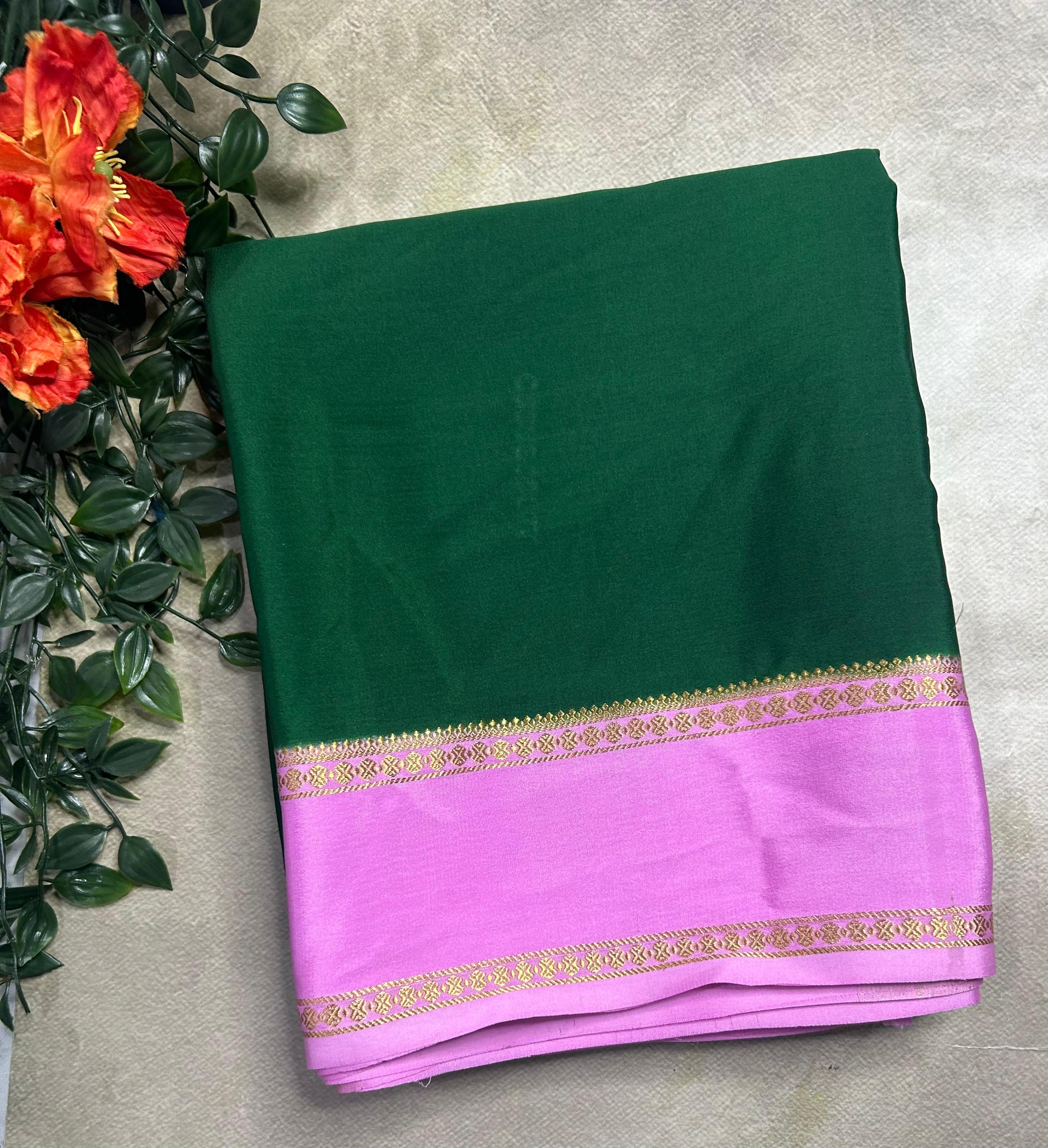 Bottle green n pastel pink plain bentex border pure mysore silk 105 saree