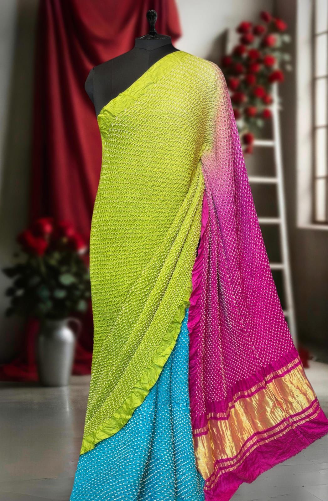 Multicolor pure bandhini crepe silk saree