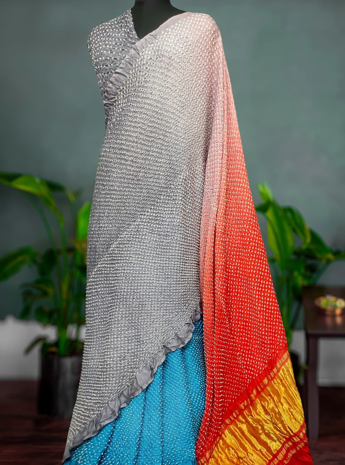 Multicolor pure bandhini crepe silk saree