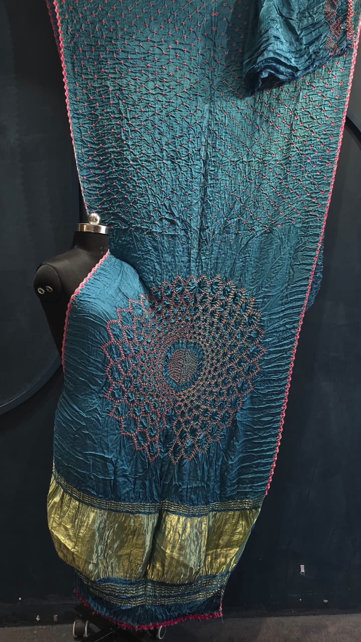 Peacock blue bandhini crepe silk saree