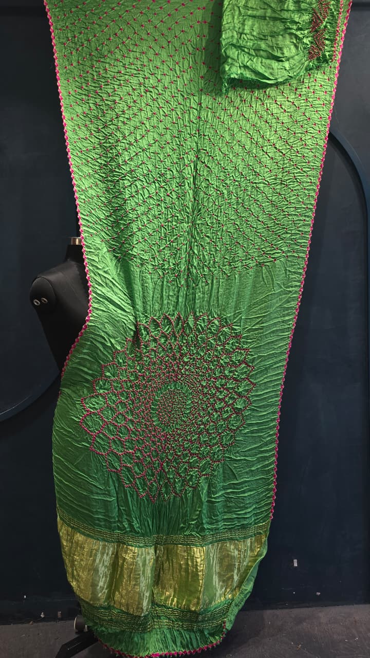Parrot green bandhini crepe silk saree