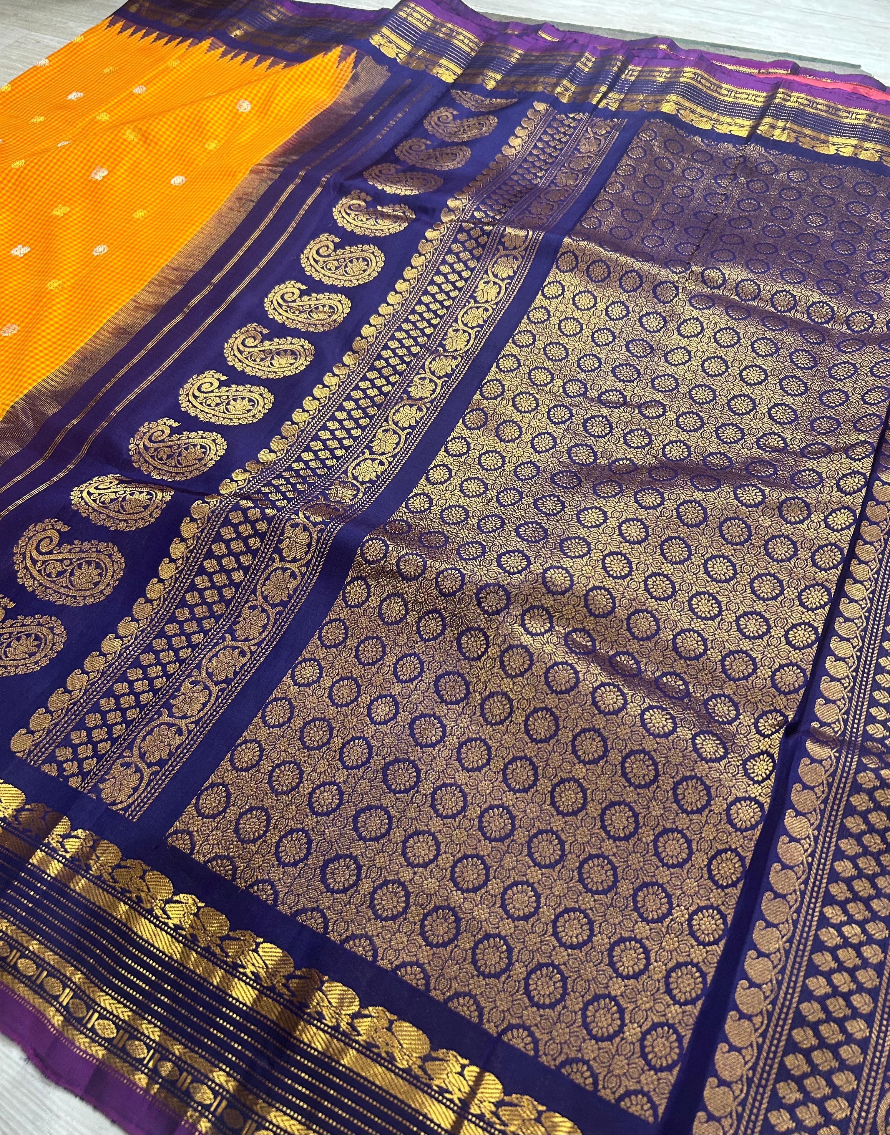 Orange n yellow checks pure handloom gadwal 105 saree