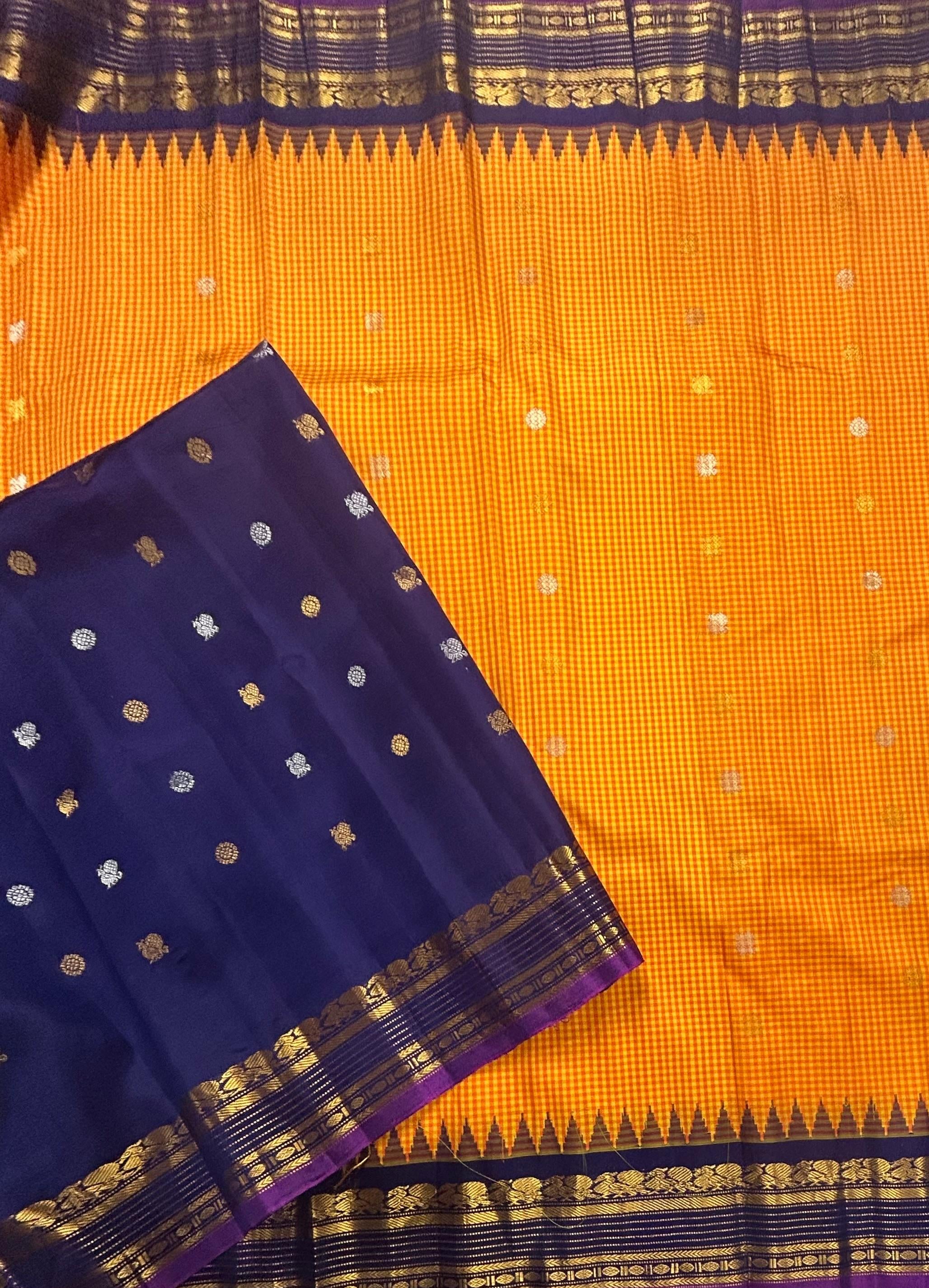 Orange n yellow checks pure handloom gadwal 105 saree
