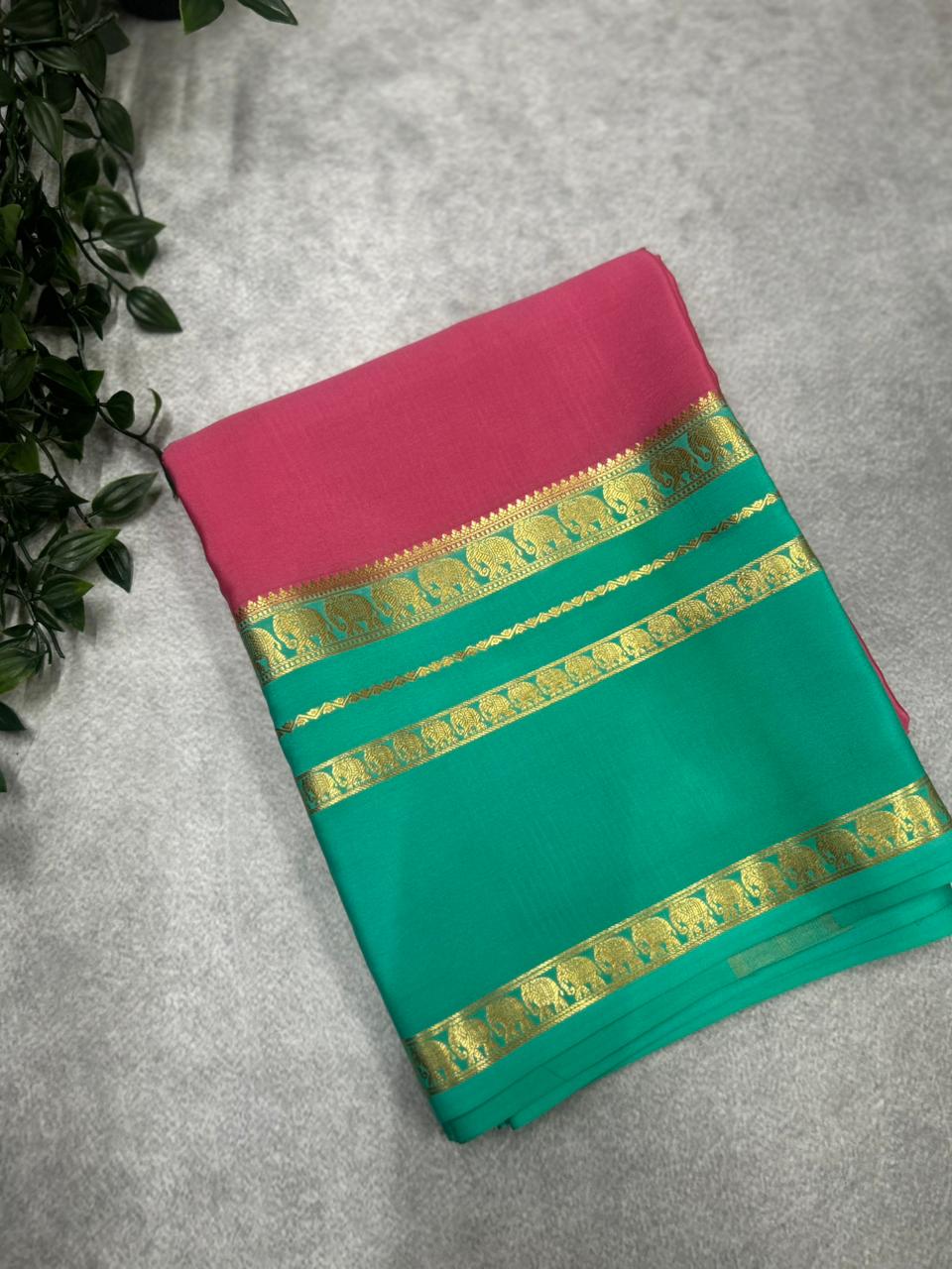 Pink n rama green Bentex border pure Mysore silk 106 saree