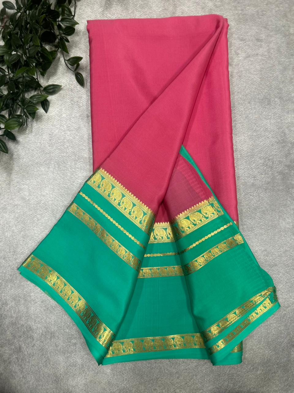 Pink n rama green Bentex border pure Mysore silk 106 saree
