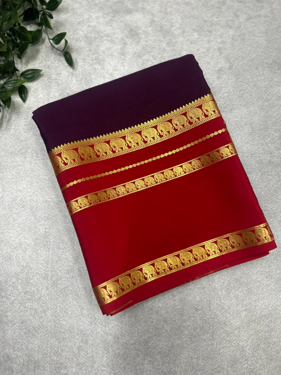 Brown n red Bentex border pure Mysore silk 106 saree