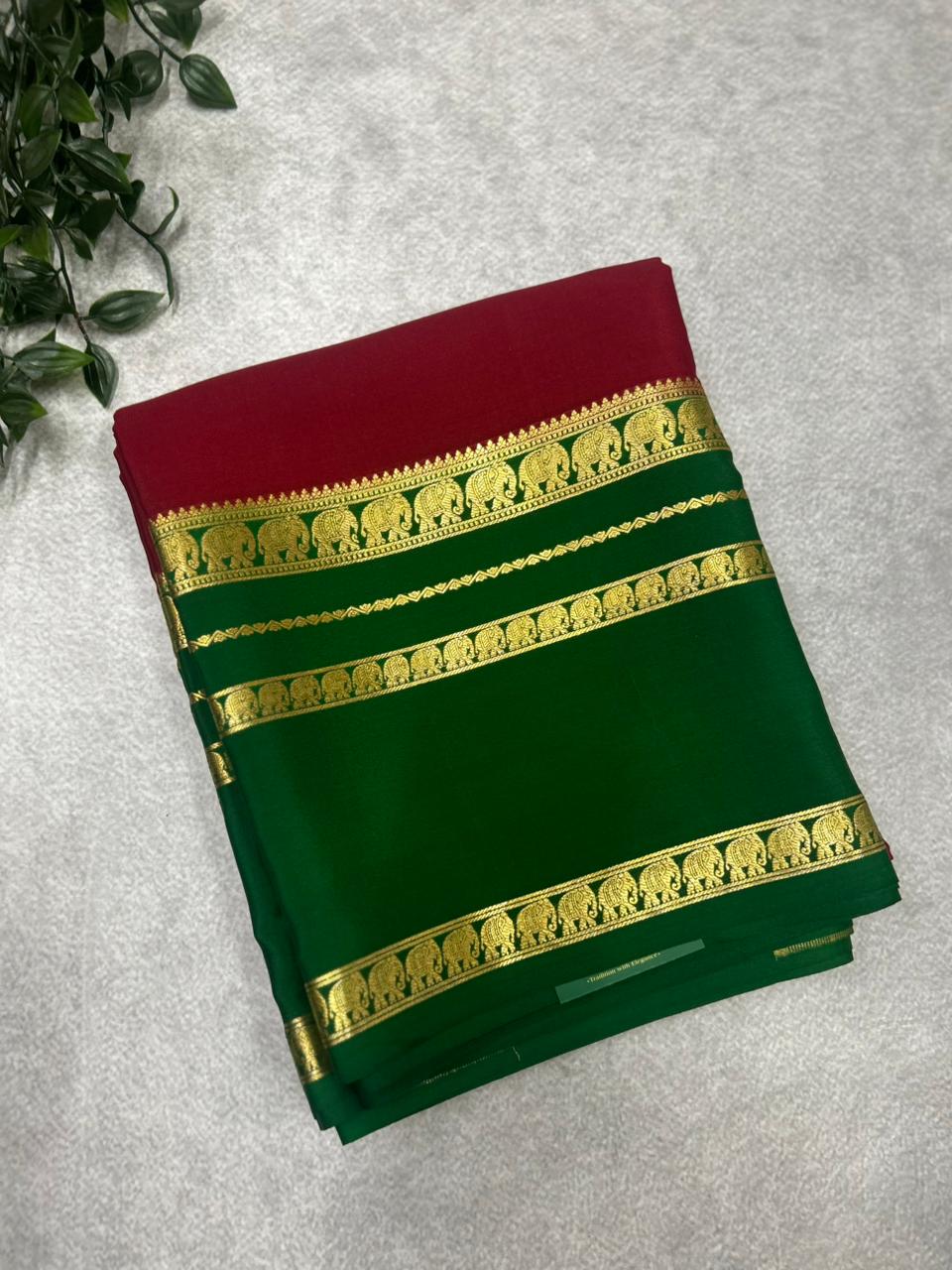 Red n green Bentex border pure Mysore silk 106 saree