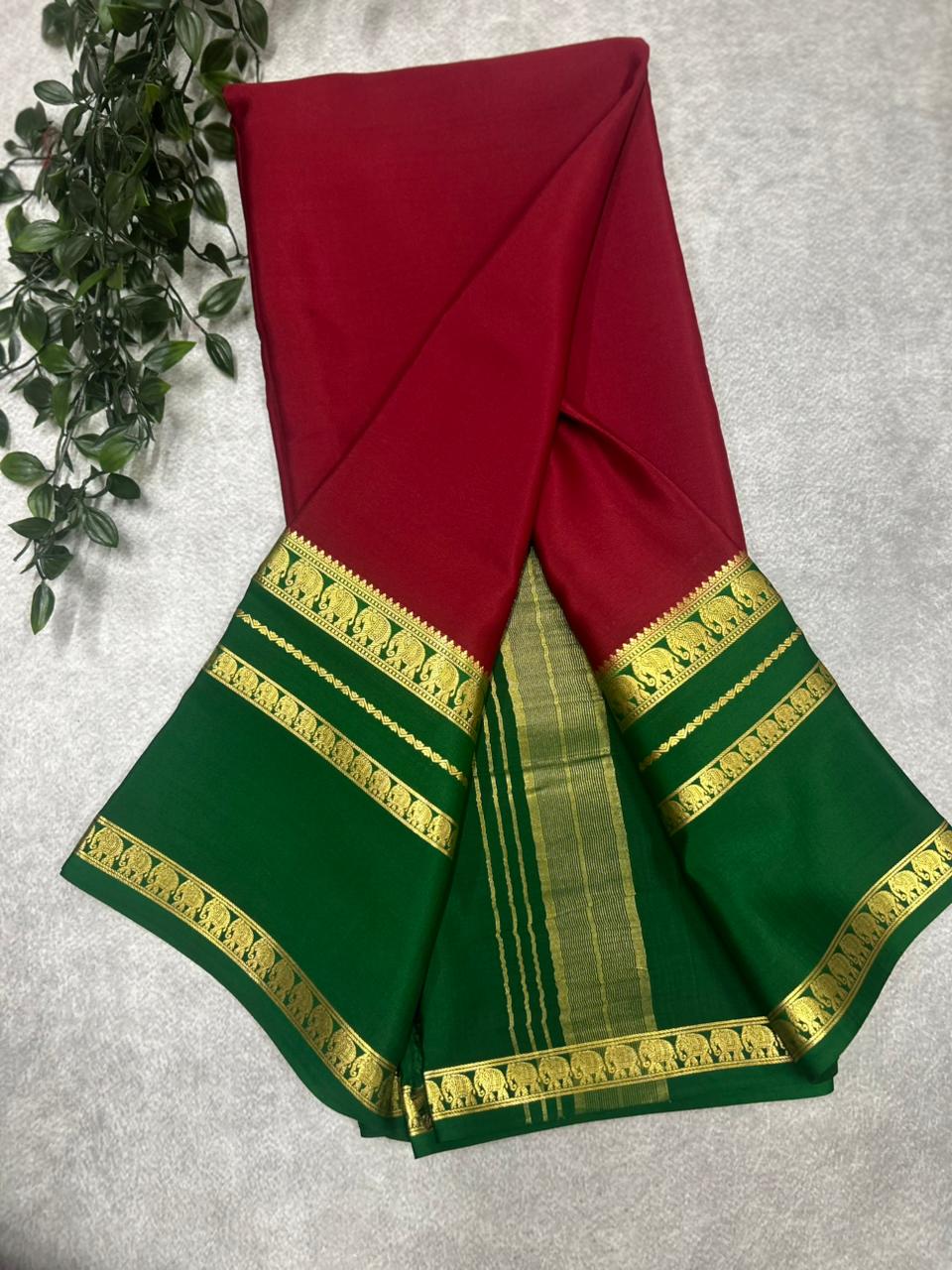 Red n green Bentex border pure Mysore silk 106 saree