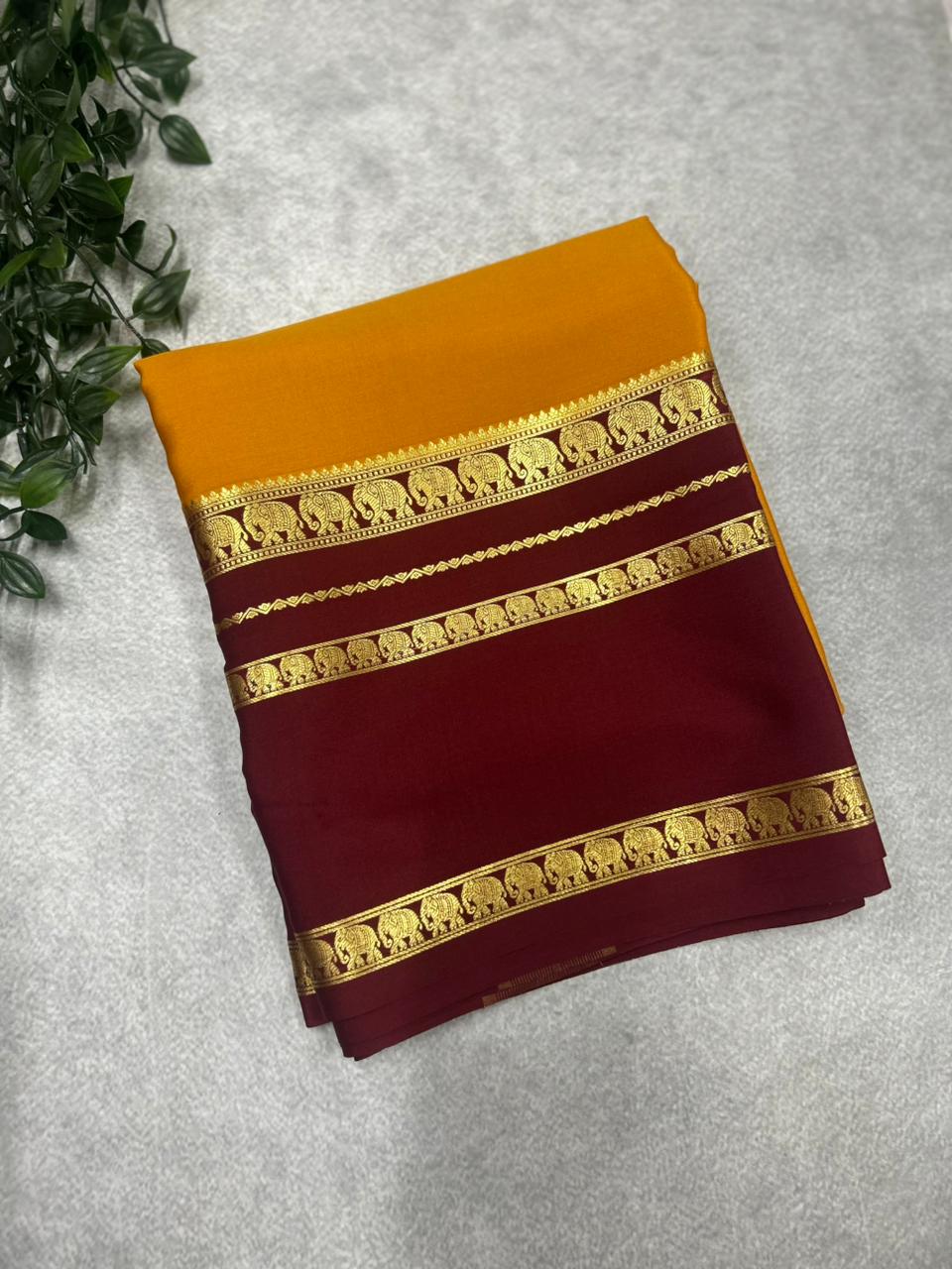 Yellow n brown  Bentex border pure Mysore silk 106 saree
