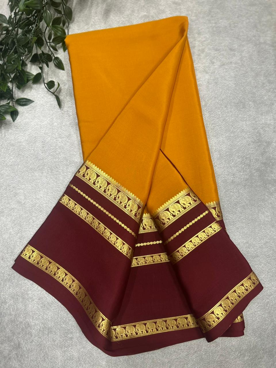 Yellow n brown  Bentex border pure Mysore silk 106 saree