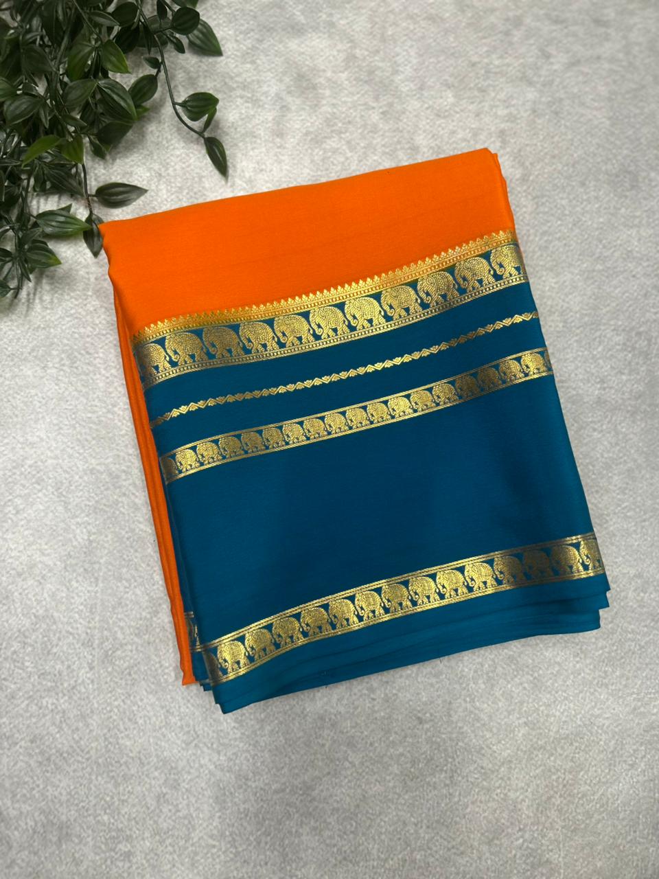 Mustard yellown blue Bentex border pure Mysore silk 106 saree