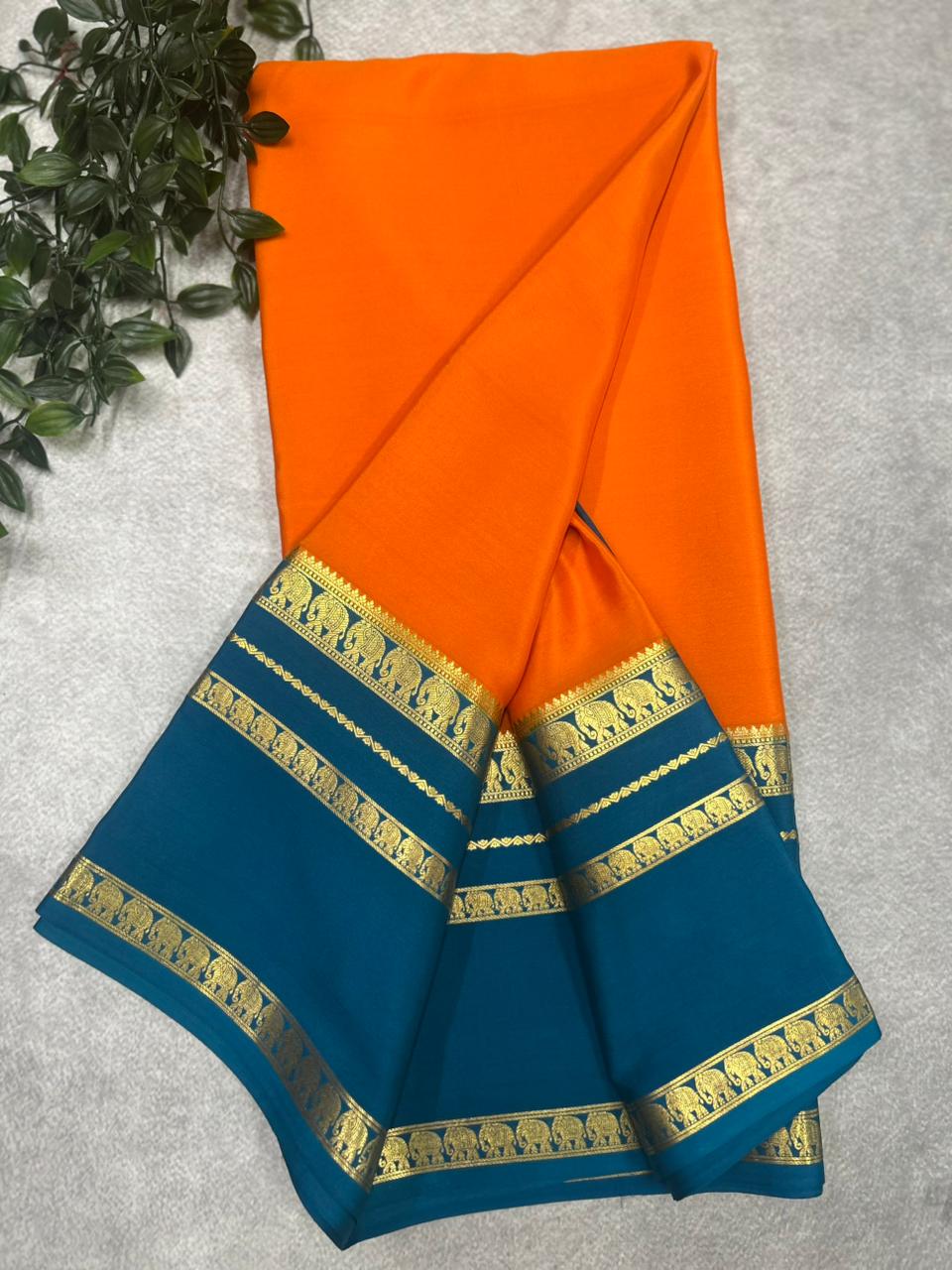 Mustard yellown blue Bentex border pure Mysore silk 106 saree