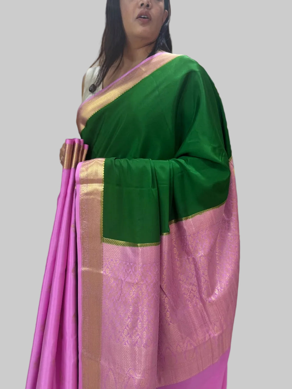 Green n pink  partly pallu pure Mysore silk saree PP106