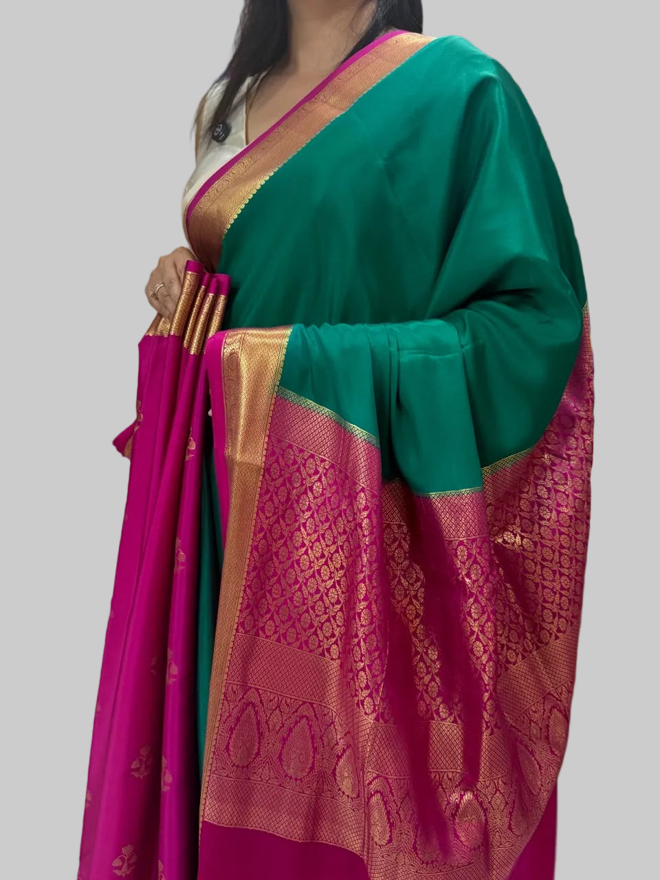 Green n pink  partly pallu pure Mysore silk saree PP106