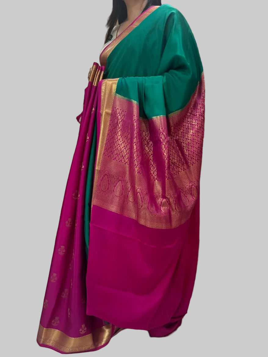 Green n pink  partly pallu pure Mysore silk saree PP106