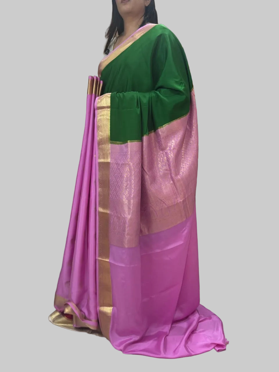 Green n pink  partly pallu pure Mysore silk saree PP106