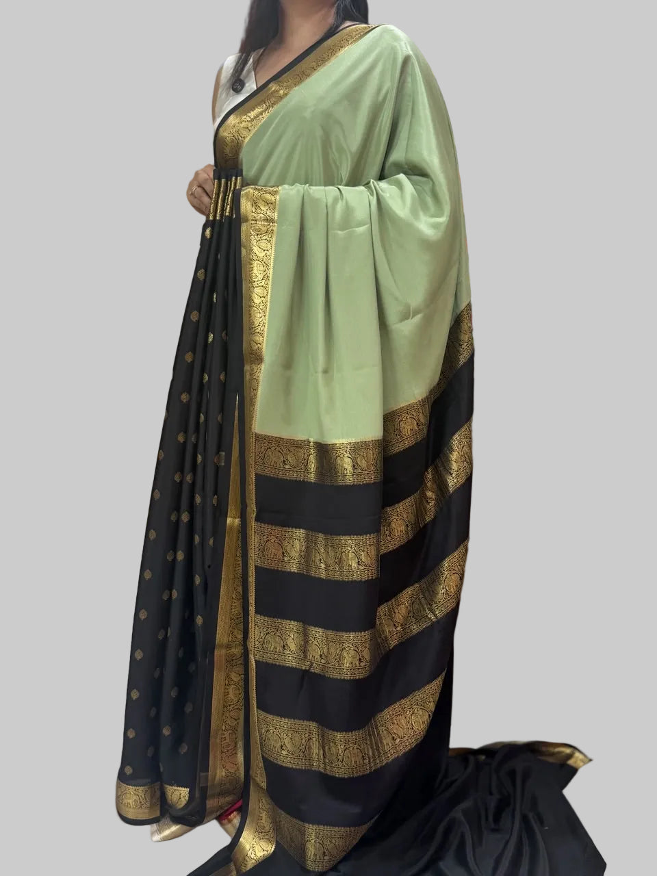 Pastel green n black partly pallu pure Mysore silk saree PP106