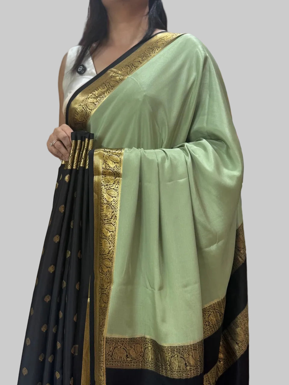 Pastel green n black partly pallu pure Mysore silk saree PP106