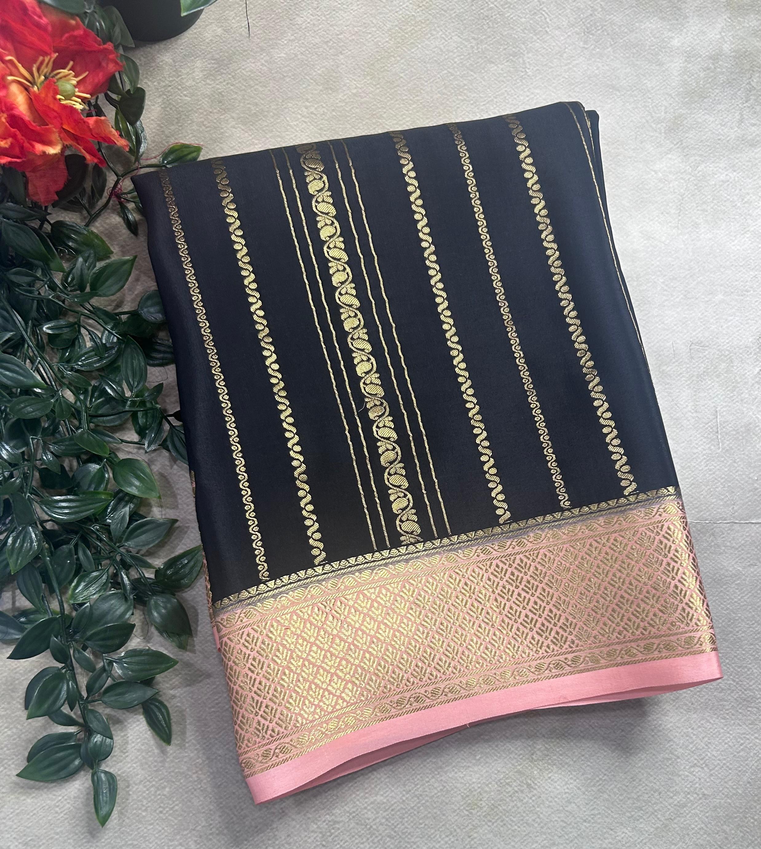 Black stripes pure mysore crepe silk saree (SMS106)