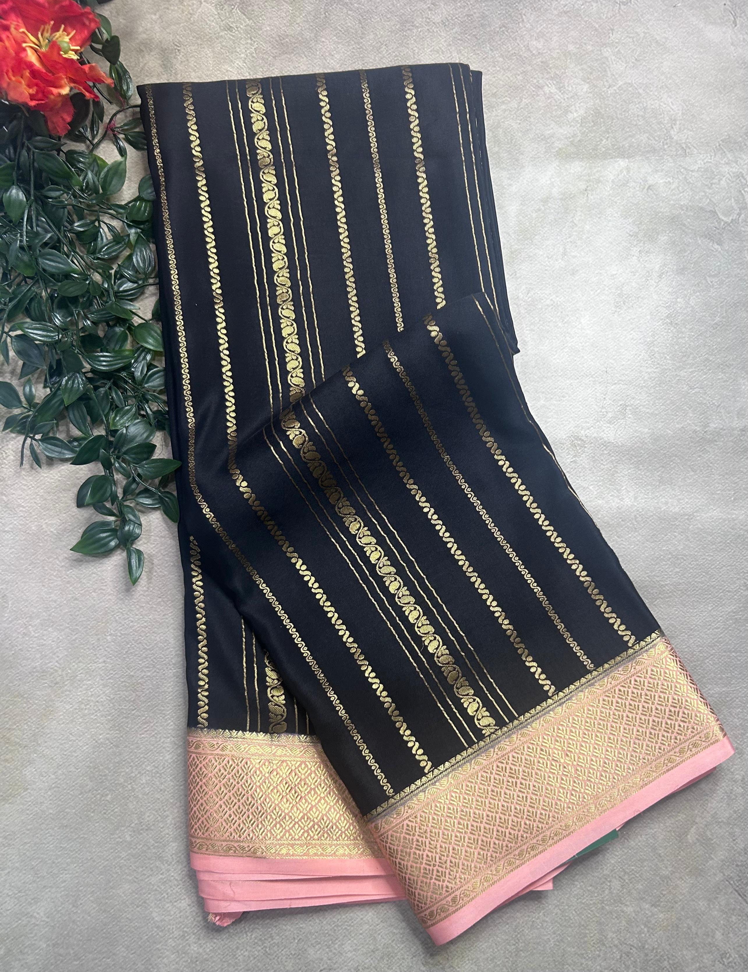 Black stripes pure mysore crepe silk saree (SMS106)