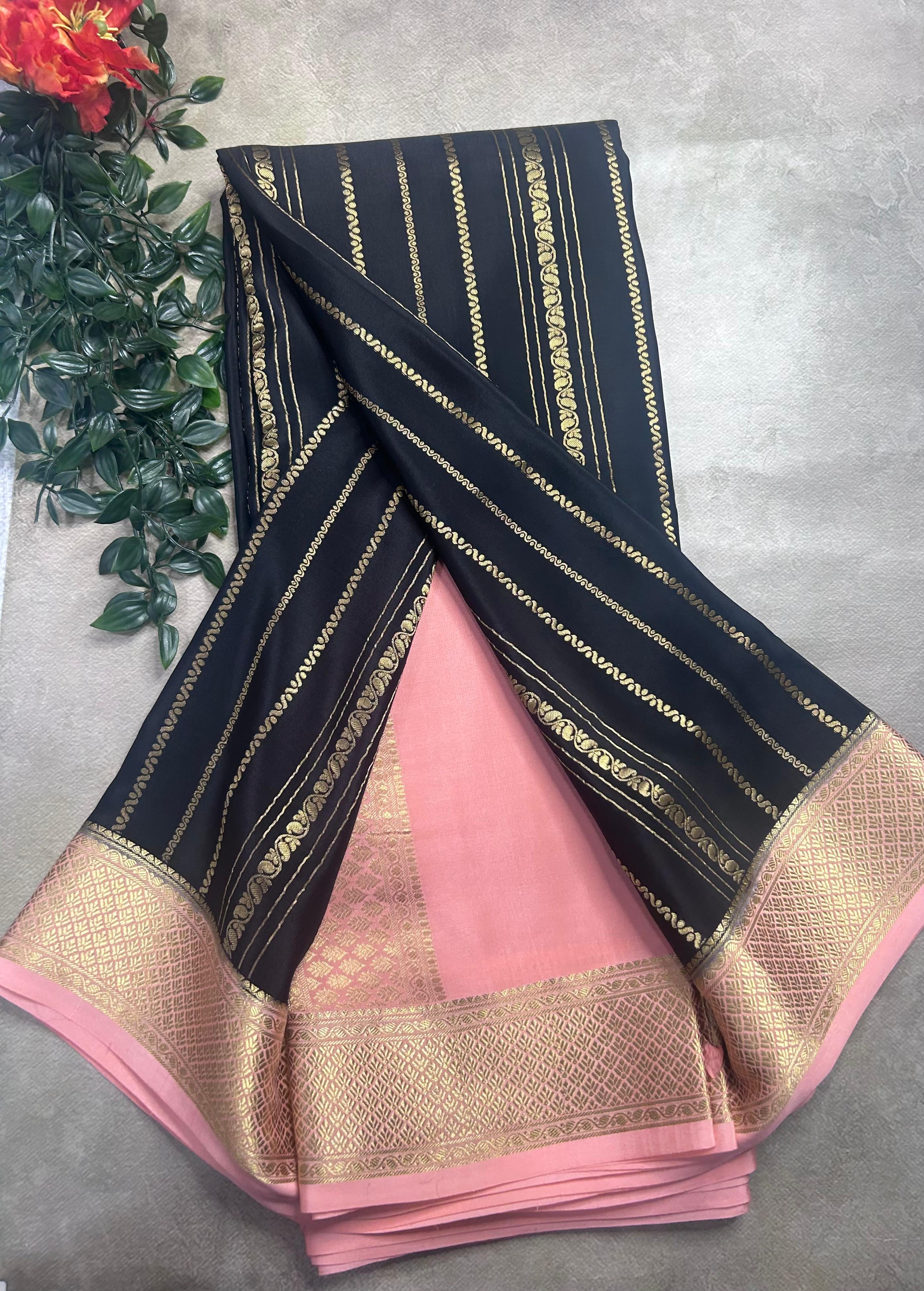 Black stripes pure mysore crepe silk saree (SMS106)