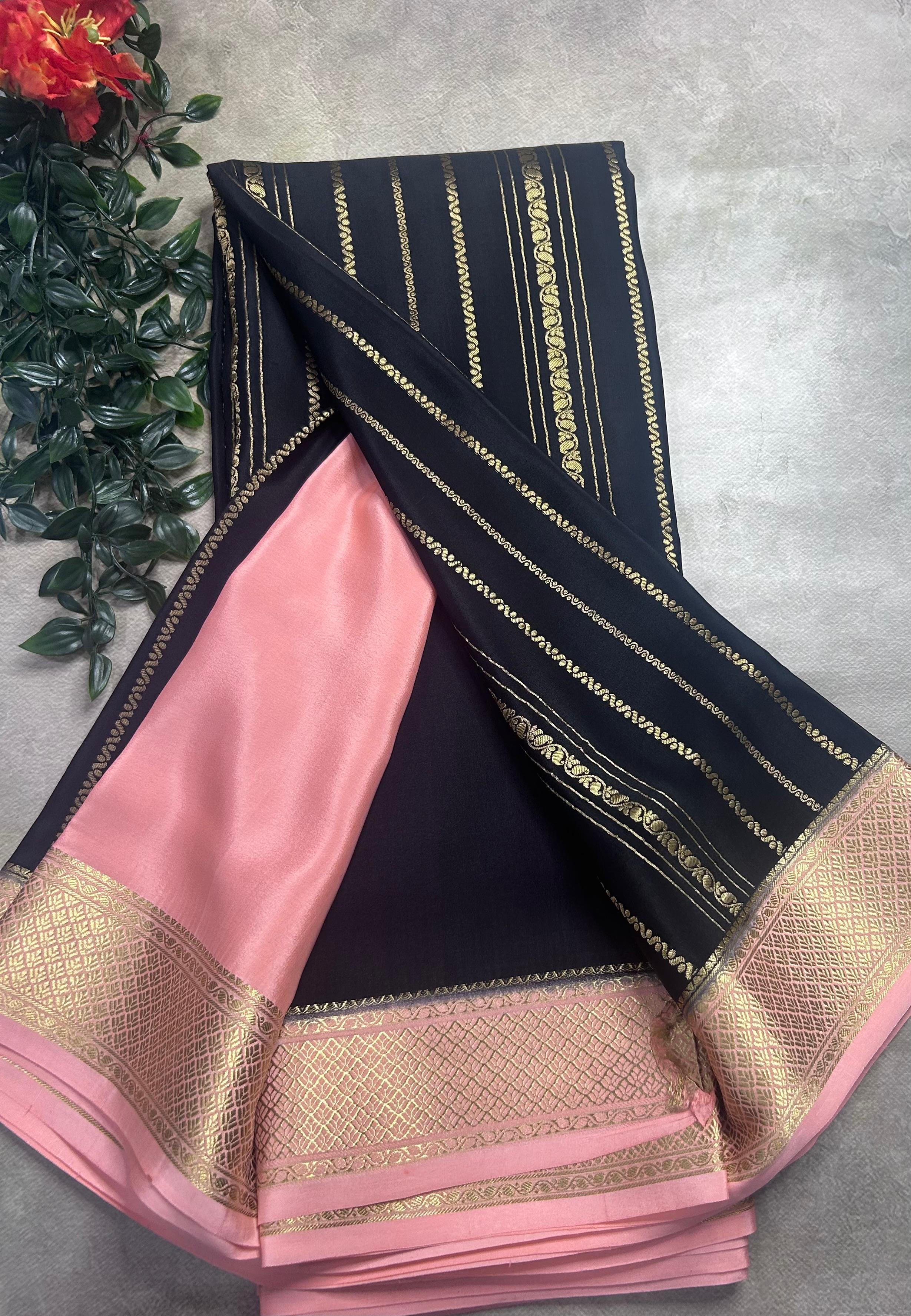 Black stripes pure mysore crepe silk saree (SMS106)