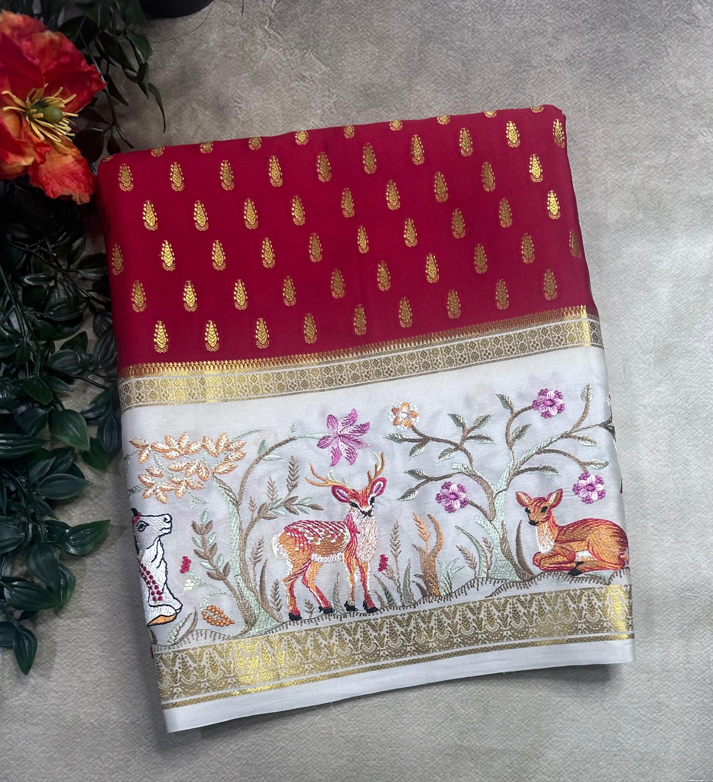 Red embroidery border pure mysore crepe silk saree (EMS106)