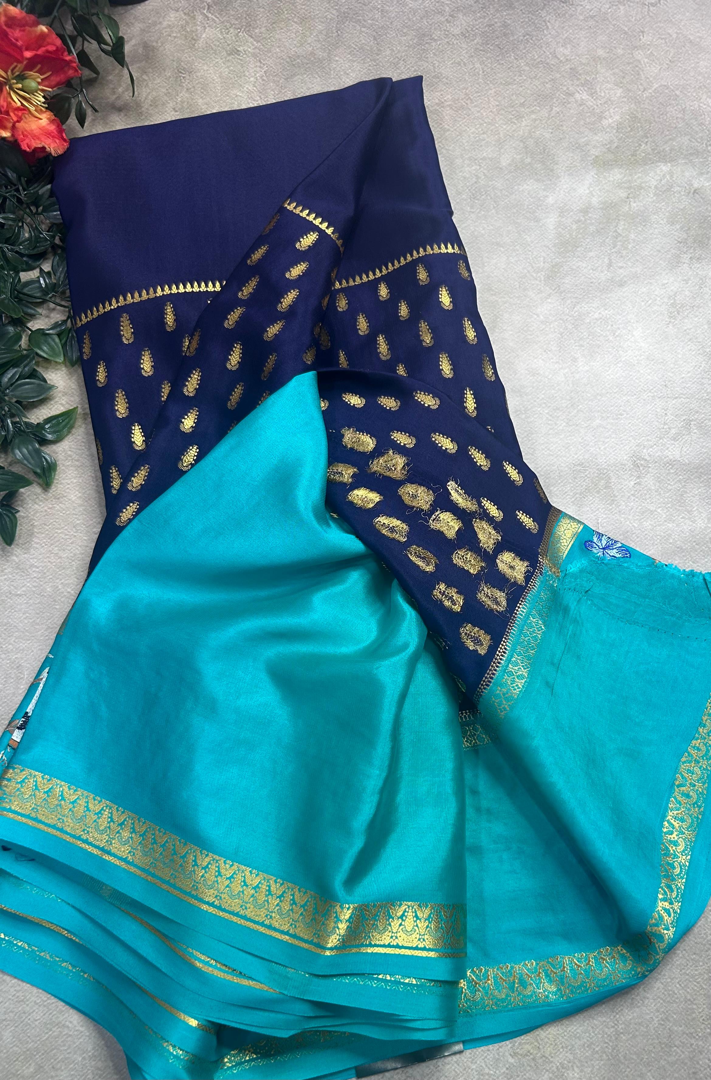 Navy blue embroidery border pure mysore crepe silk saree (EMS106)